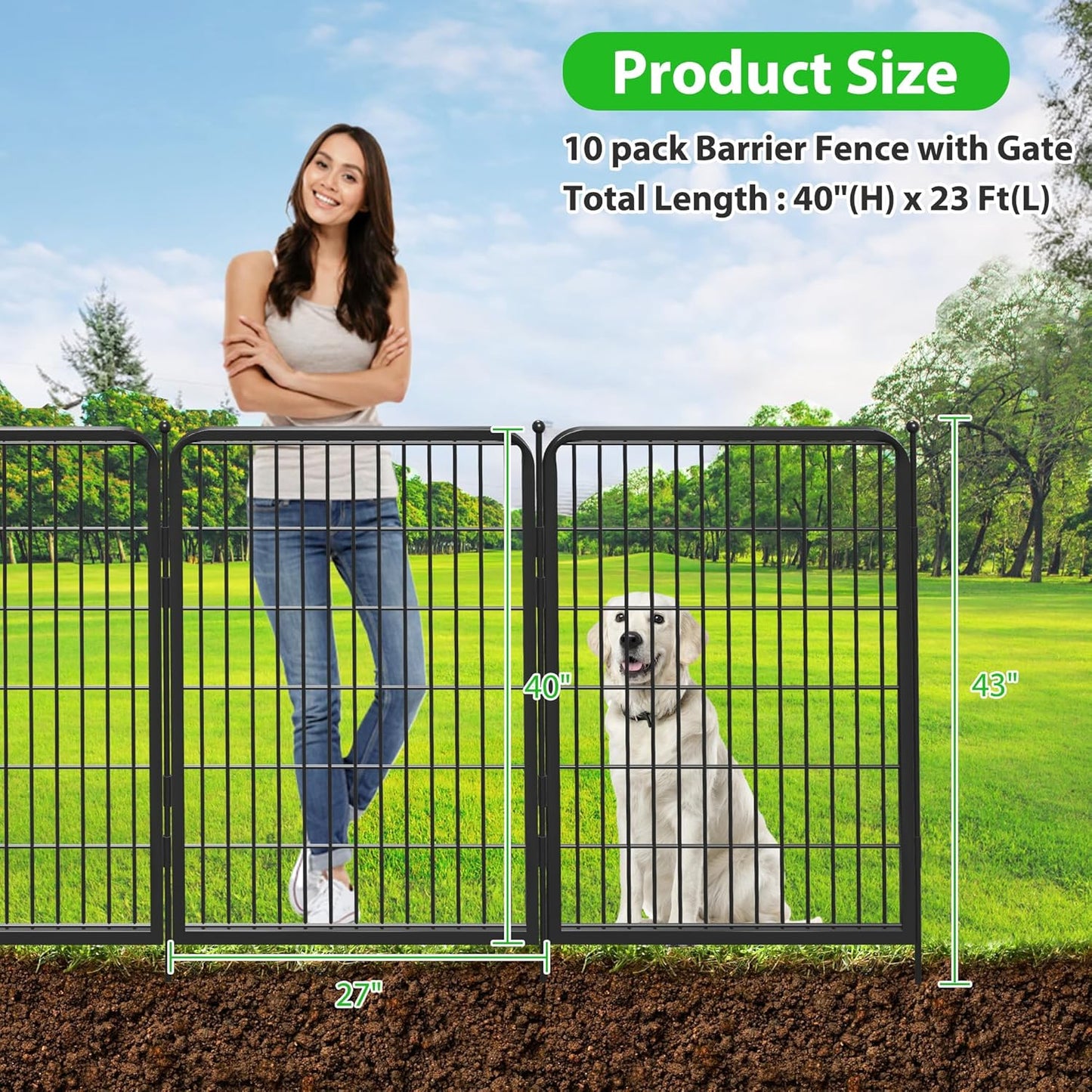 Decorative Black Metal Fencing Garden Fence with Gate, 23ft(L) 40in(H) 10 Fence Panels No Dig Fence Rustproof Animal Barrier Fence Temporary Dog Panels Fencing Outdoor