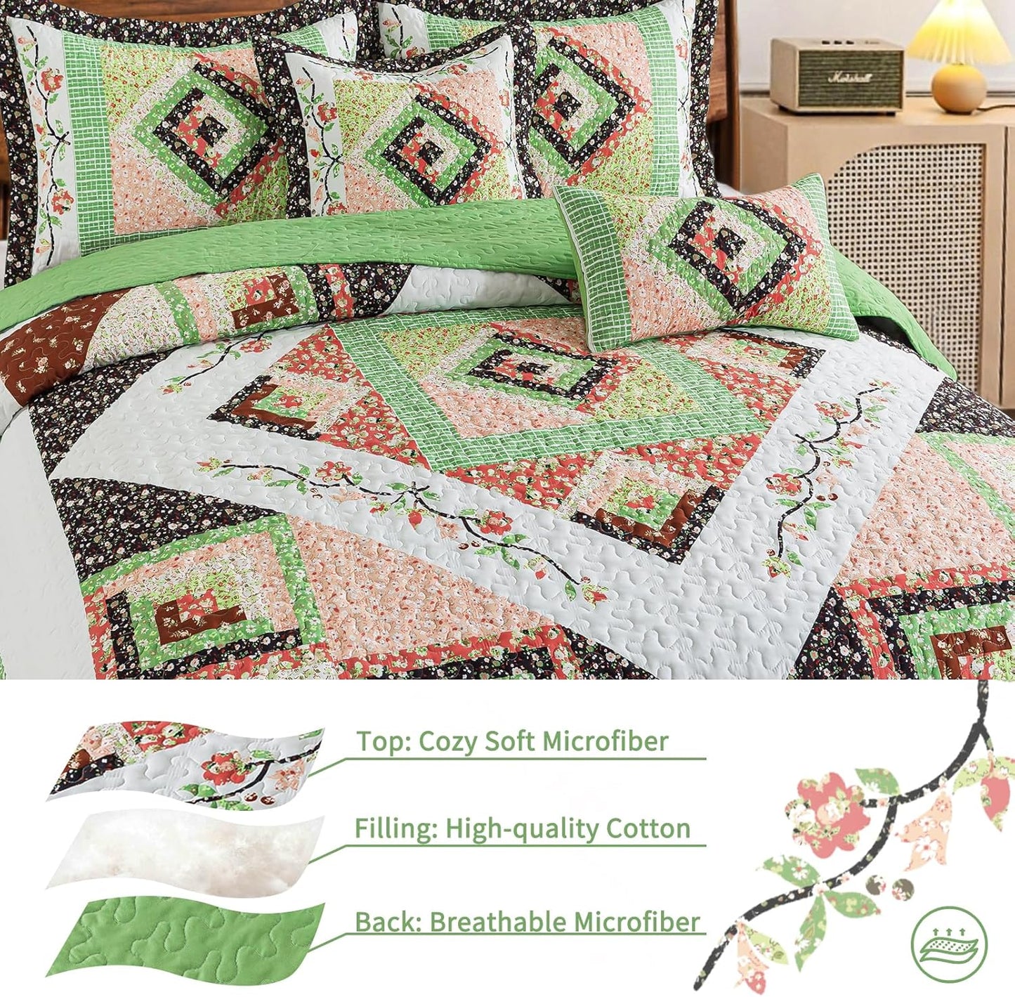 VAPUTAR Quilt Queen Size Bedding Set - Farmhouse Queen Size Bedspread Set for All Season, Lightweight Reversible Coverlet Quilt for Bedroom (90 × 98 Inch), Green