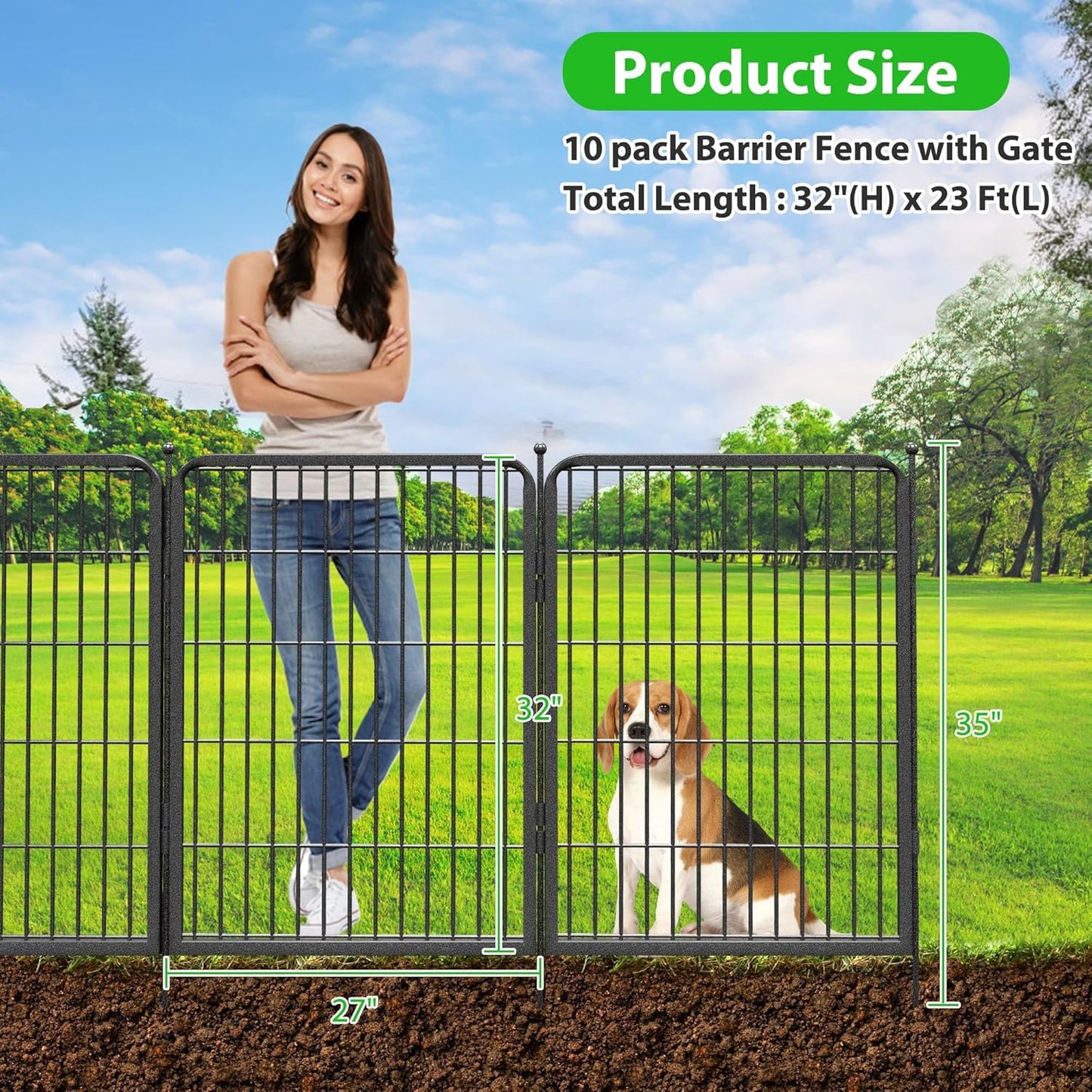 Decorative Black Metal Fencing Garden Fence with Gate, 23ft(L) 32in(H) 10 Fence Panels No Dig Fence Rustproof Animal Barrier Fence Temporary Dog Panels Fencing Outdoor