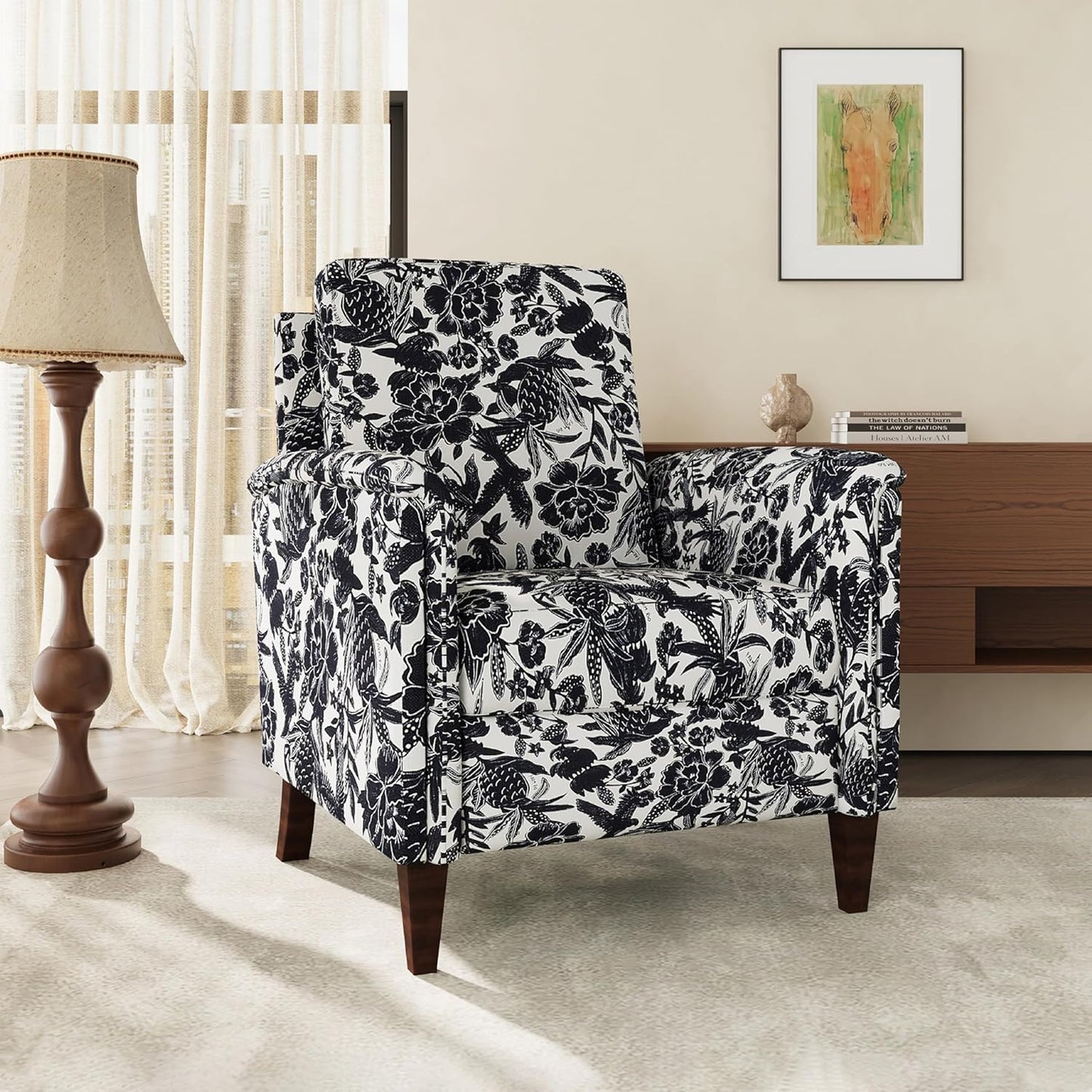 Floral Accent Chair, High Back Upholstered Armchair with Solid Wooden Legs, Padded Armrest and Removable Comfortable Cushioned Seat Single Sofa for Living Room, Bedroom, Black