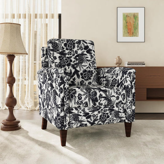 Floral Accent Chair, High Back Upholstered Armchair with Solid Wooden Legs, Padded Armrest and Removable Comfortable Cushioned Seat Single Sofa for Living Room, Bedroom, Black