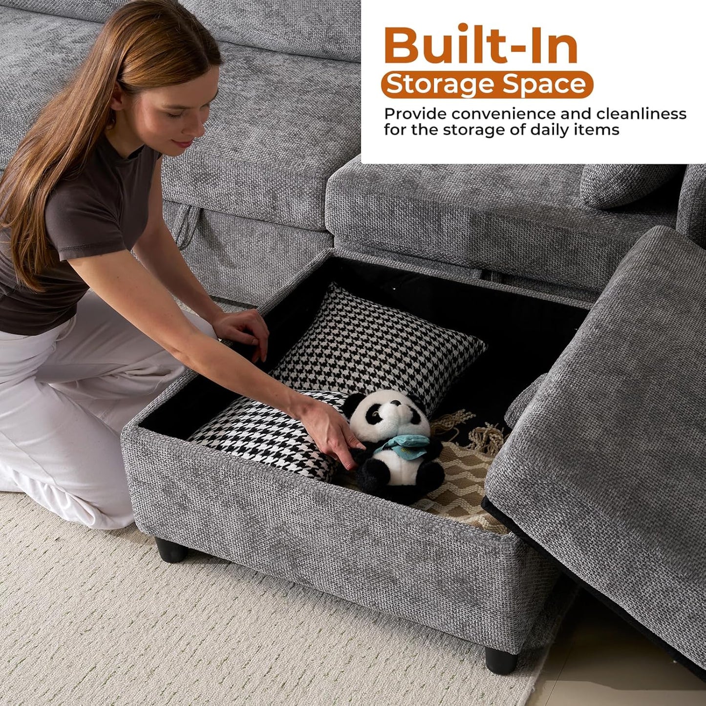 132'' Oversized Modular Sectional Sofa, U Shaped Comfy Sectional Couch with Large Storage, 6 Seat Chenille Deep Seat Cloud Sofa with 2 Throw Pillows for Living Room,Grey