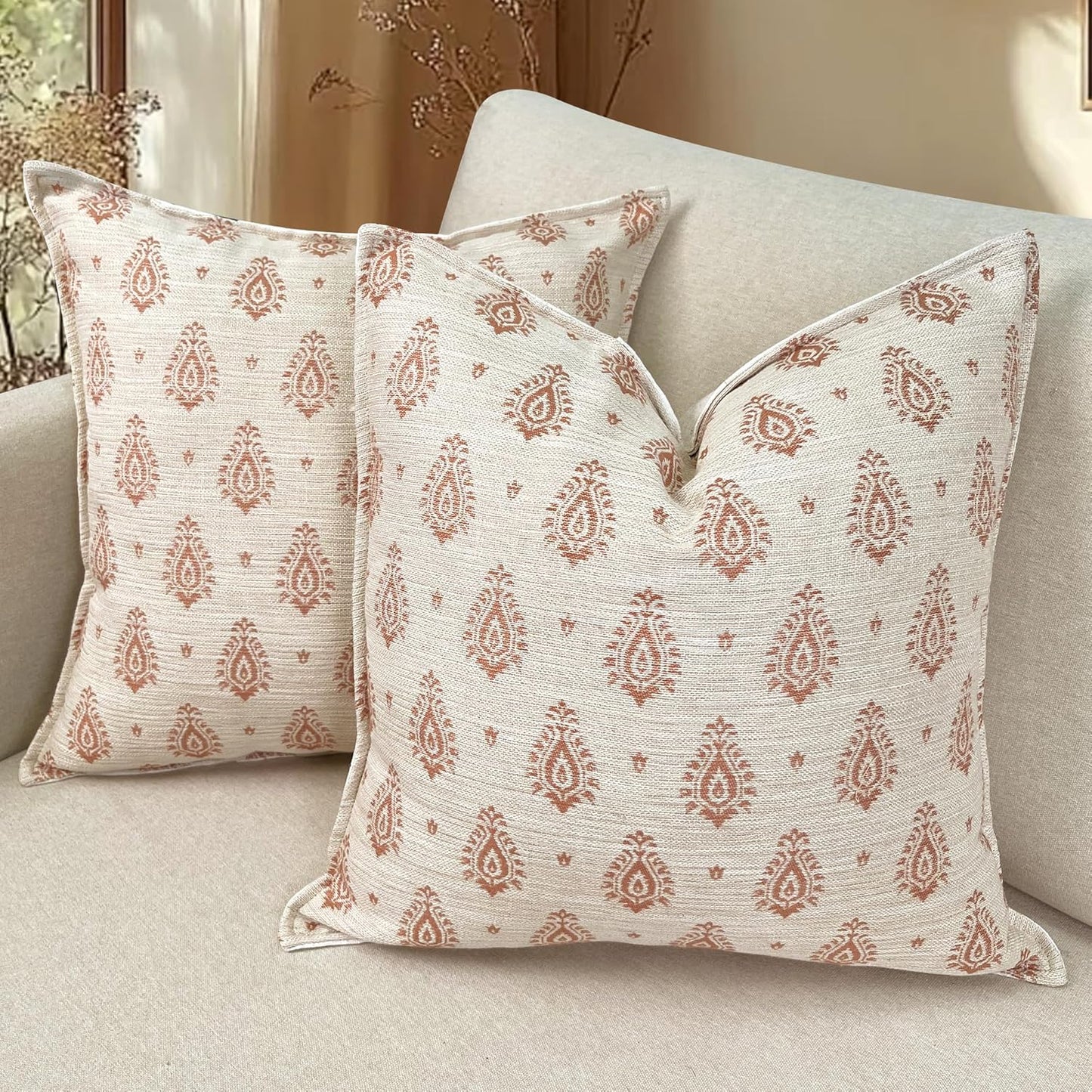 Decorative Vintage Burlap Linen Throw Pillow Covers Pack of 2 Modern Farmhouse Pillowcase Beige Paisley Couch Pillows 20x20 Inch For Sofa Bed Living Room Home Decor