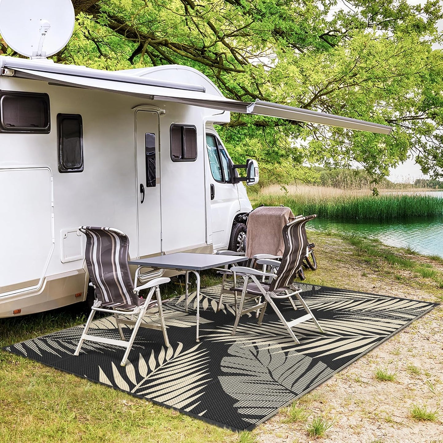 GENIMO Outdoor Rug 5' x 8' Waterproof for Patios Clearance, Reversible Outdoor Plastic Straw Camping Rug Carpet, Large Area Rugs Mats for RV, Picnic, Backyard, Deck, Balcony, Porch, Beach, Black&Beige