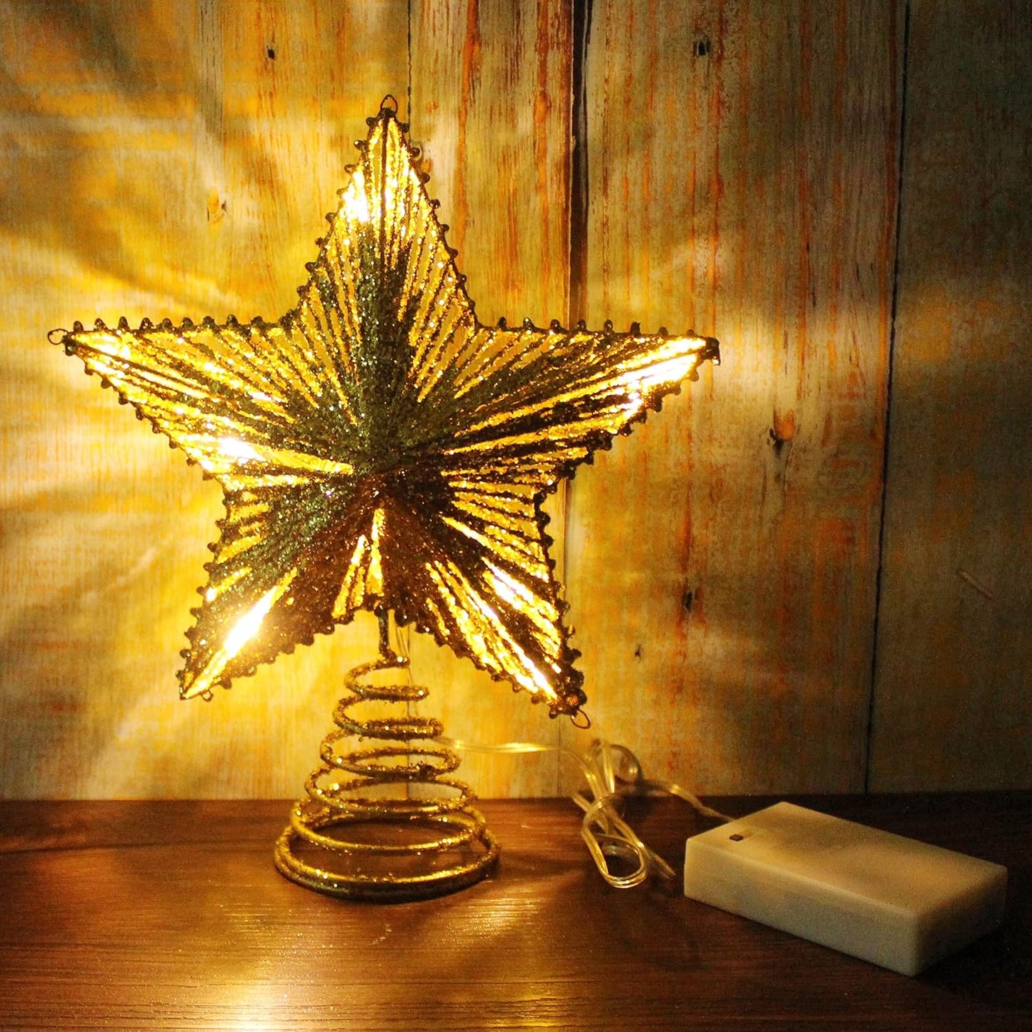 CVHOMEDECO. Gold Glittered 3D Tree Top Star with Warm White LED Lights and Timer for Christmas Tree Decoration and Holiday Seasonal Décor, 8 x 10 Inch