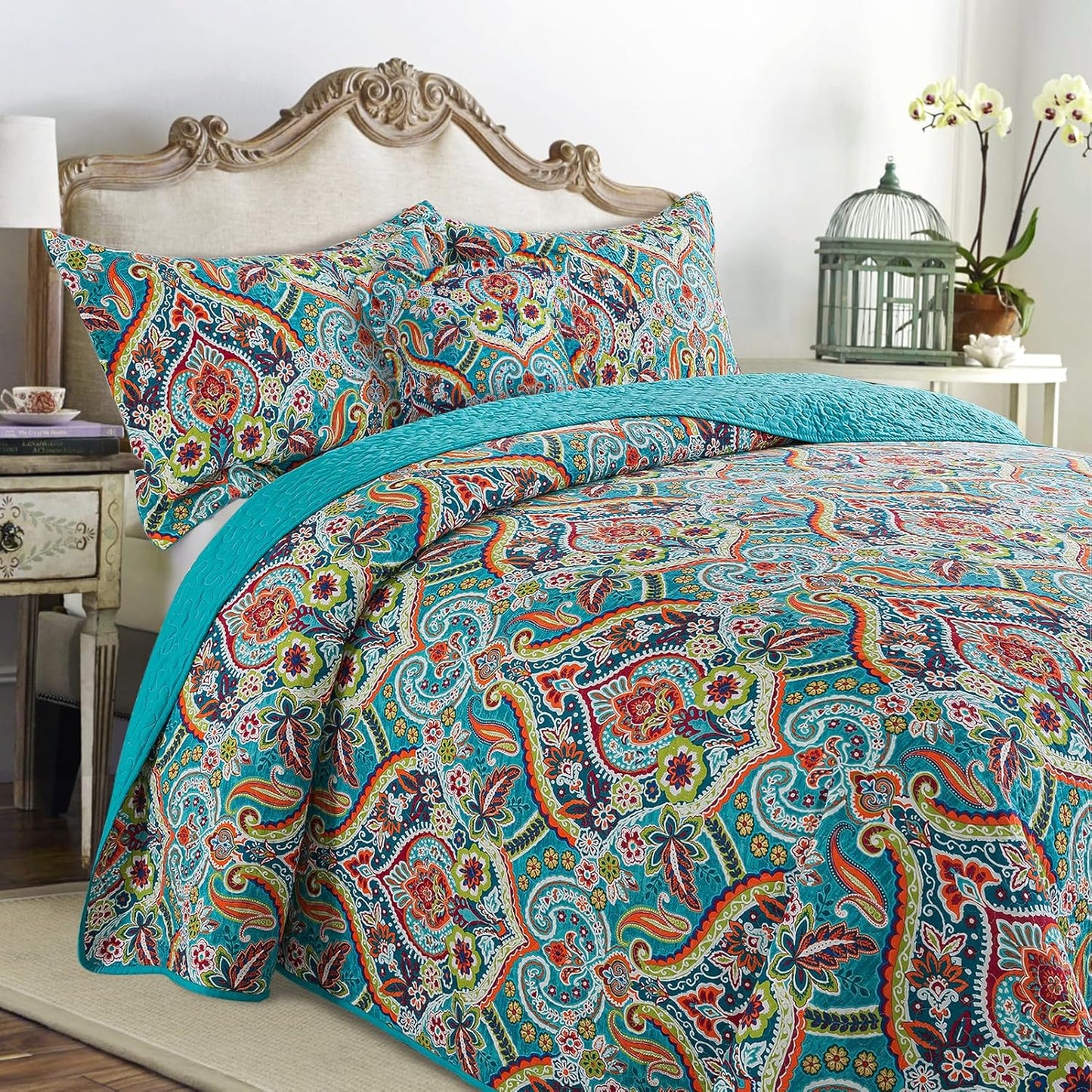 VAPUTAR Quilt King Bedding Set - Soft Cotton Quilts with Paisley Floral Pattern - Lightweight Reversible Bedspreads for Farmhouse (3 Pieces, Bright Teal)