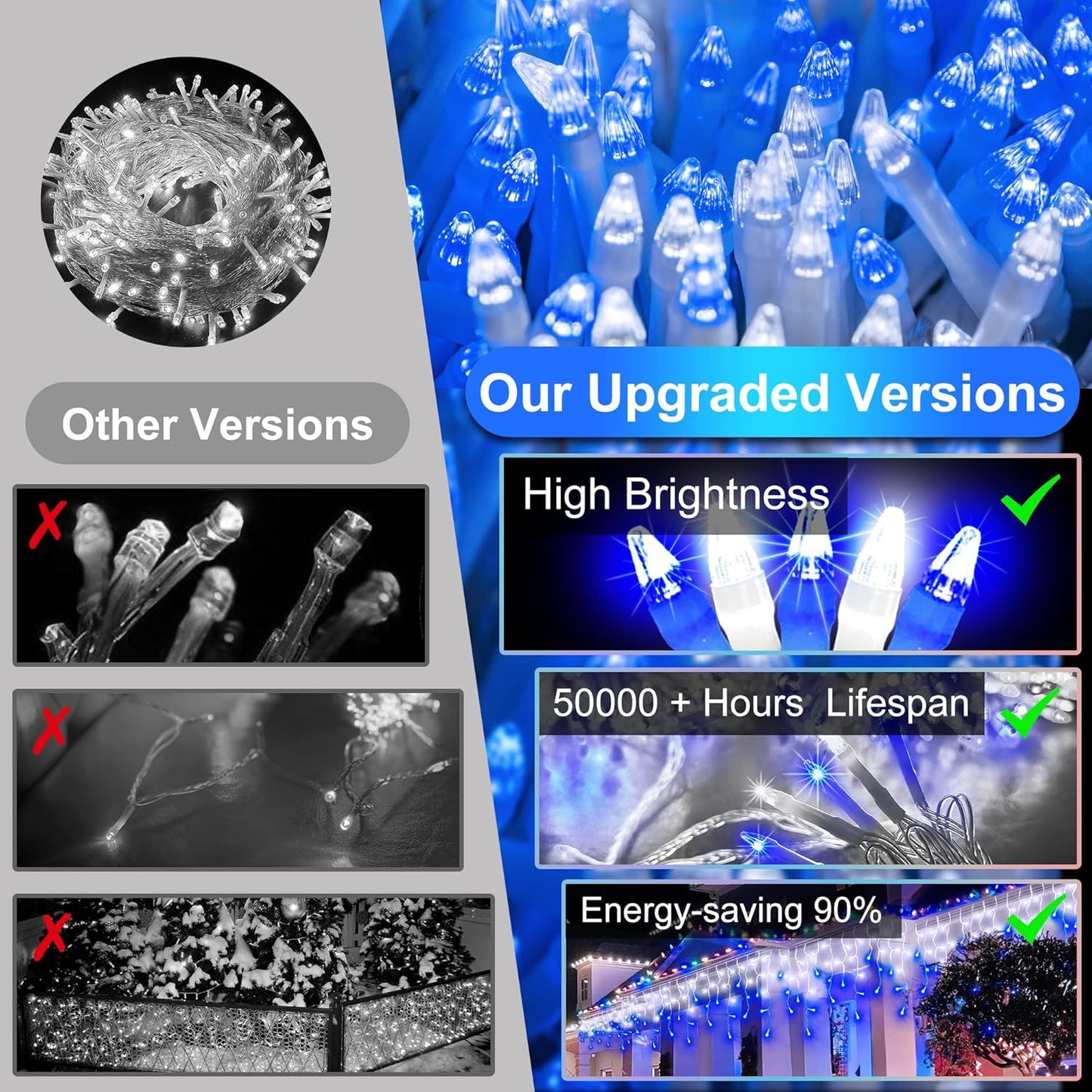 1620LED 164ft Christmas Lights, 360Drops 12 Modes Christmas String Lights Outdoor Dimmable, Waterproof Christmas Decoration Fairy Lights with Timer Memory for Party Patio Window Fence Blue & CoolWhite