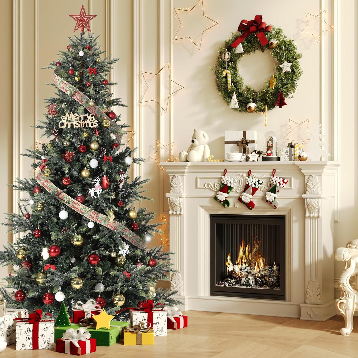 7.5ft Pre-lit Artificial Christmas Tree,Spruce Prelit Christmas Trees for Home,Office,Party Thickened PE&PVC Branch Tips & UL Listed Lights Incandescent Warm White,Fire-Resistant Automatic Branches