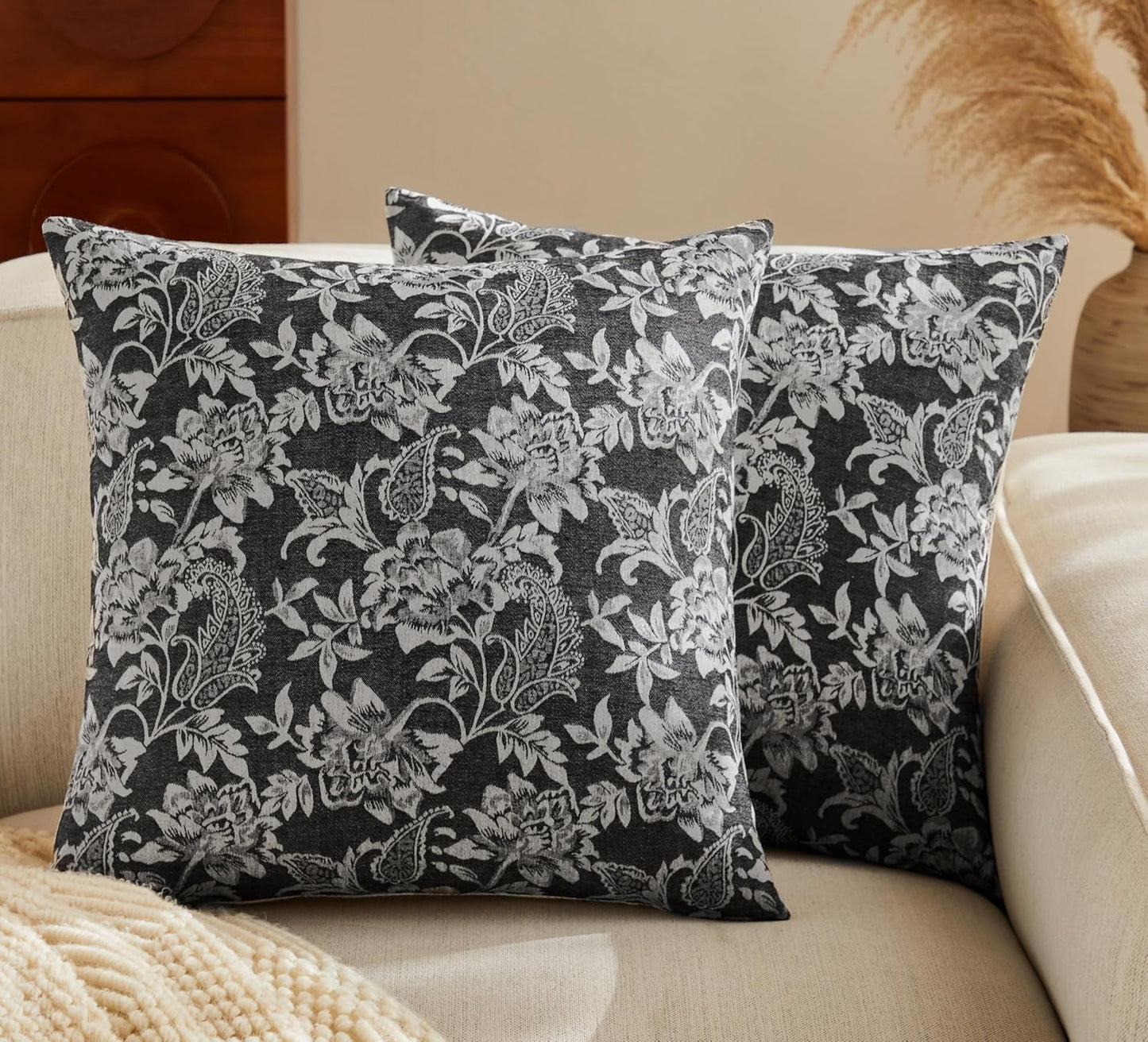Floral Jacquard Throw Pillow Covers Set of 2, Background/Charcoal 24x24 Inch, Farmhouse Decorative Cotton Dark Grey Cushion Covers for Sofa Bed Living Room Home Decor