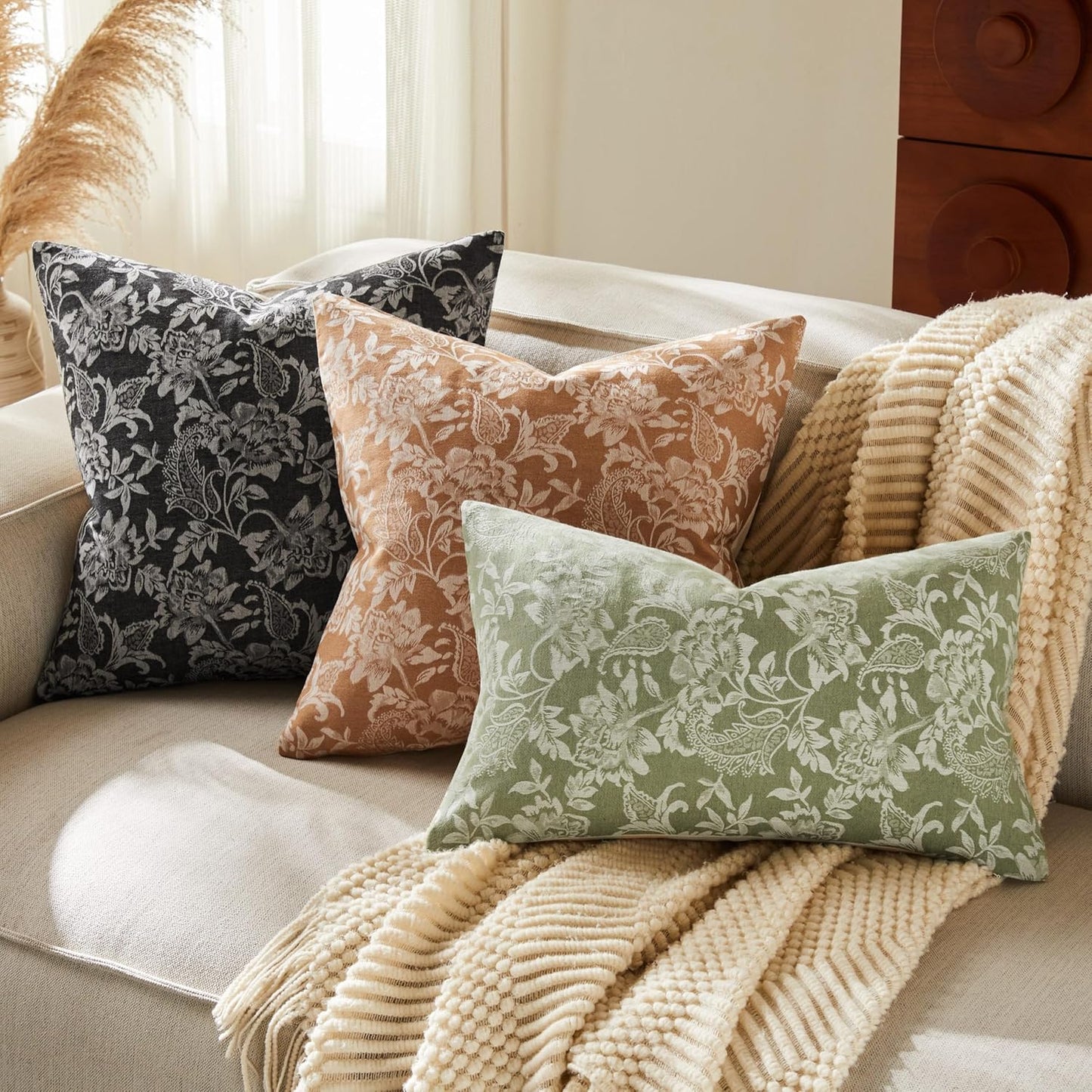 Floral Jacquard Lumbar Throw Pillow Covers Set of 2, Background/Green 12x20 Inch, Farmhouse Decorative Cotton Sage Green Cushion Covers for Sofa Bed Living Room Home Decor