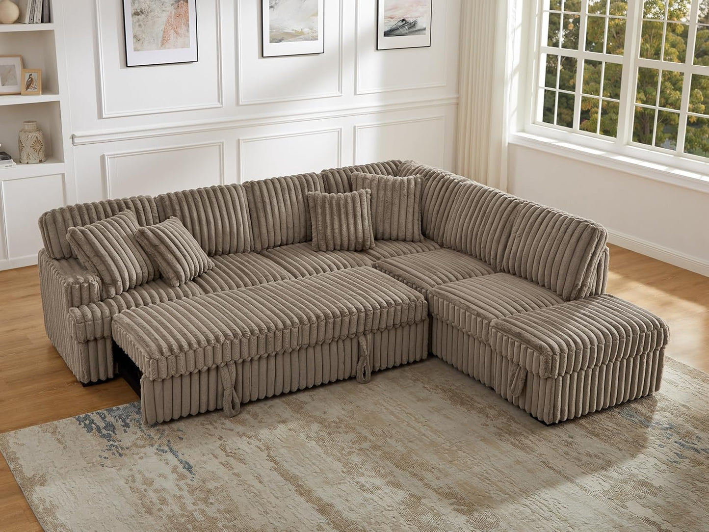 THSUPER 113-Inch Oversized L Shaped Plush Corduroy Fluffy Sectional Sleeper Sofa with Pull Out Bed and Storage Ottoman - Brown