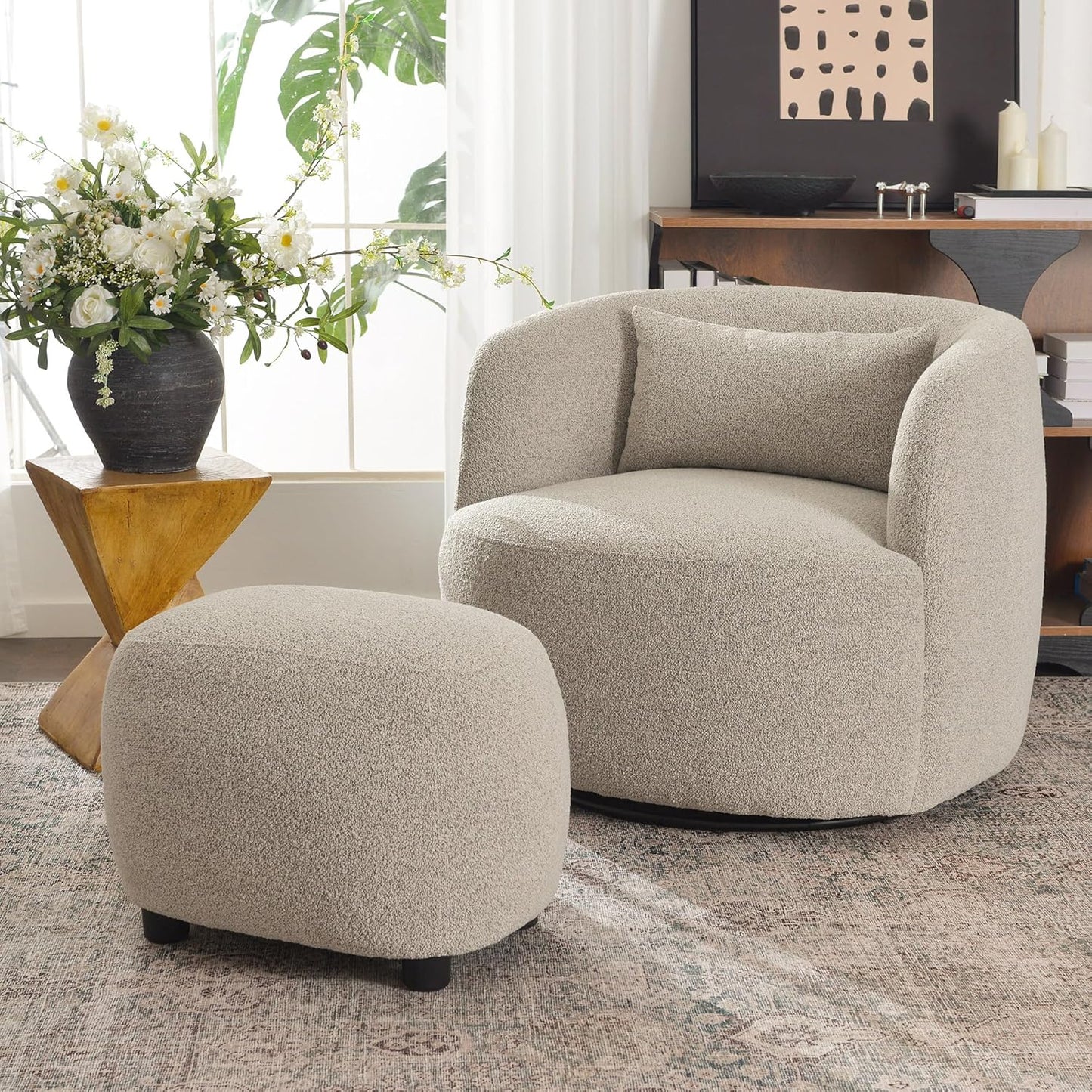 KINWELL 34" Wide 2 Boucle Swivel Barrel Chairs and 2 Ottomans Set, Fully Assembled Sherpa Accent Chairs and Footrest Set, Modern Comfy Armchairs and Footstool for Living Room and Bedroom, Taupe