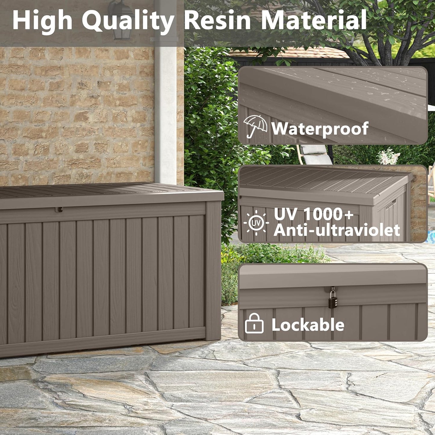 150 Gallon Resin Deck Box, Large Indoor and Outdoor Storage Box, Weatherproof and UV Resistant Outdoor Storage Box with Built-in Steel Beams for Patio, Cushions, Pool Supplies