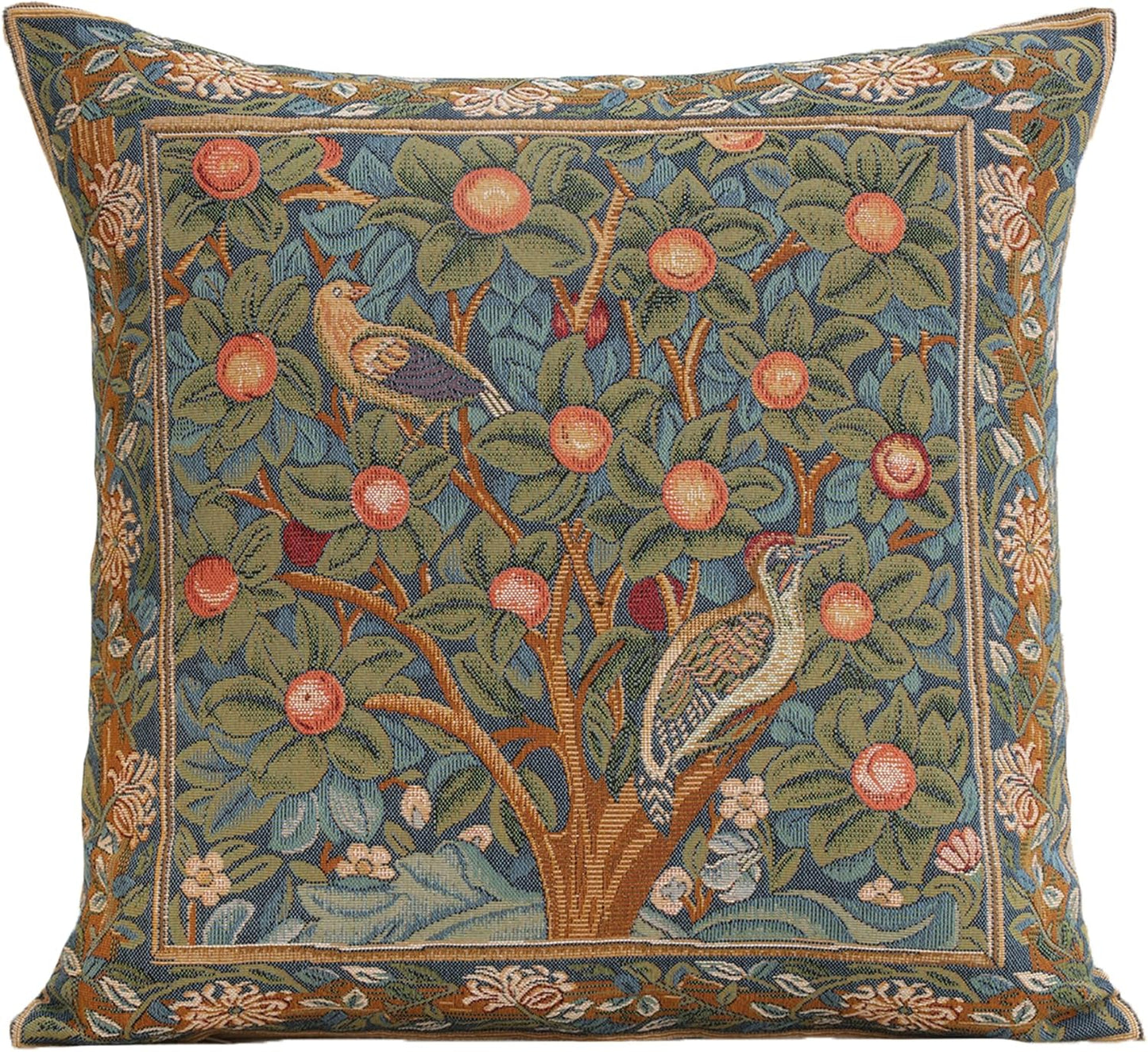 Charlotte Home Furnishings Decorative Tapestry Pillow Cover 19x19 in, Green Woodpecker Couch Pillow Cover, French Country Square Cushion Cases for Living Room Home Decor, Soft Cotton Jacquard Woven