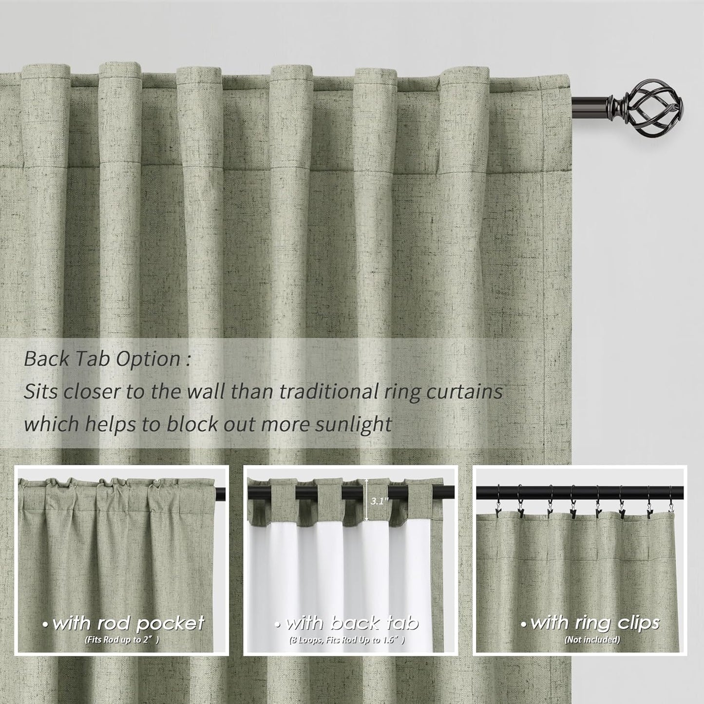 BOODII Sage Green Linen Blackout Curtains Thermal Insulated 120 Inch 100% Complete Black Out Window Curtains Back Tab Linen Textured Neutral Farmhouse Living Room Darkening Drapes High Ceiling Length