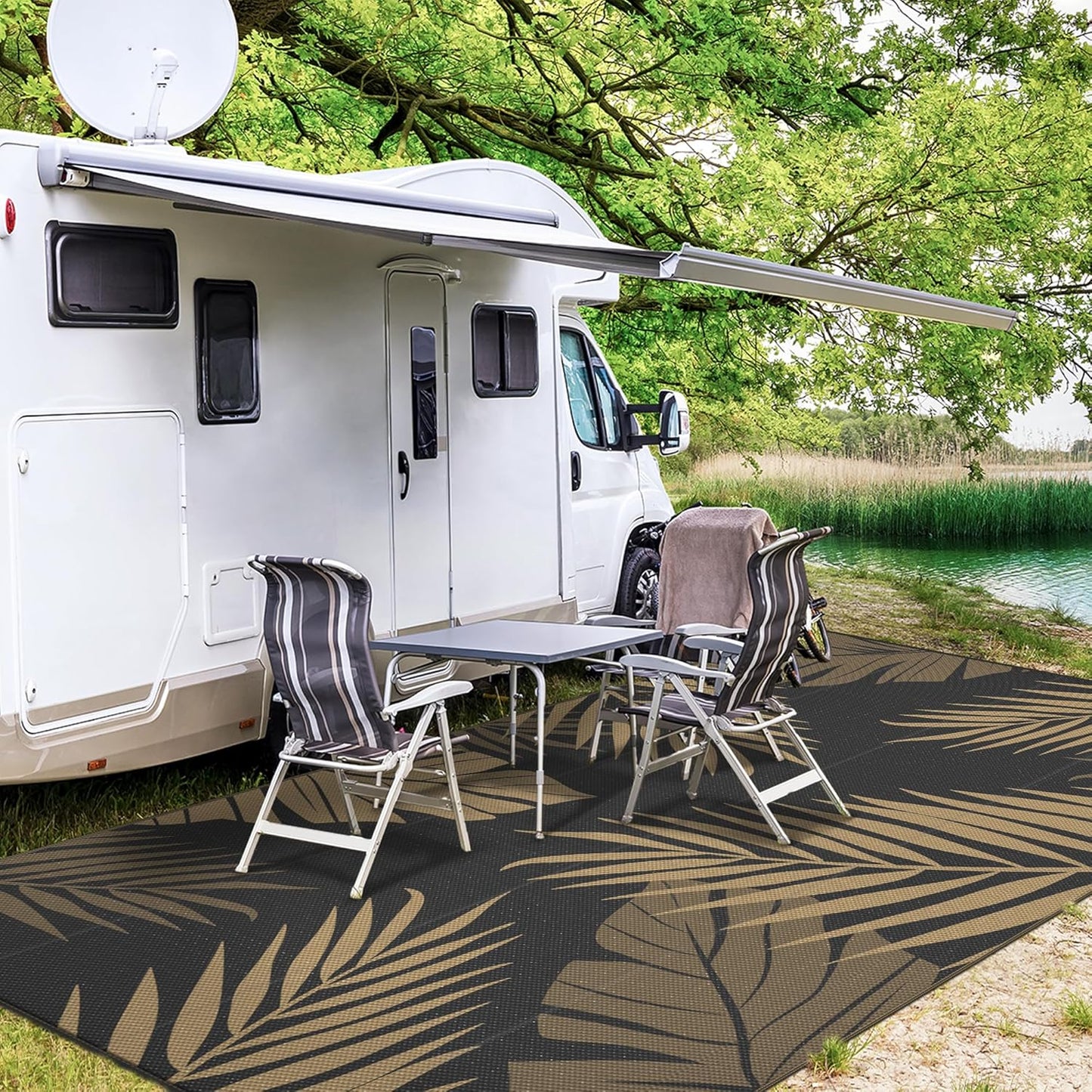 GENIMO Outdoor Rug 8' x 16' Waterproof for Patios Clearance, Reversible Outdoor Plastic Straw Camping Rug Carpet, Large Area Rugs Mats for RV, Camper, Deck, Balcony, Porch, Beach, Picnic, Black&Brown