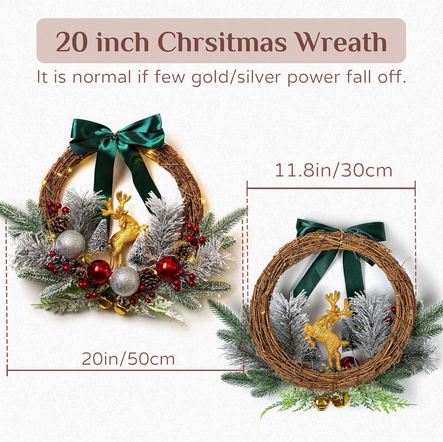 Christmas Door Wreath Lighted Xmas Wreaths - Walasis Winter Wreaths for Front Door Decor Outside Flocked Christmas Wreath Hanging with Lights for Wall