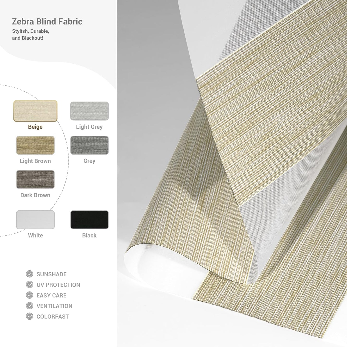 Cordless Zebra Blinds for Windows, Blackout Interior Blinds,Easy to Install,UV Protection,for Offices and Home,Custom Roller Shades, Mousse Beige,54" W x 72" H