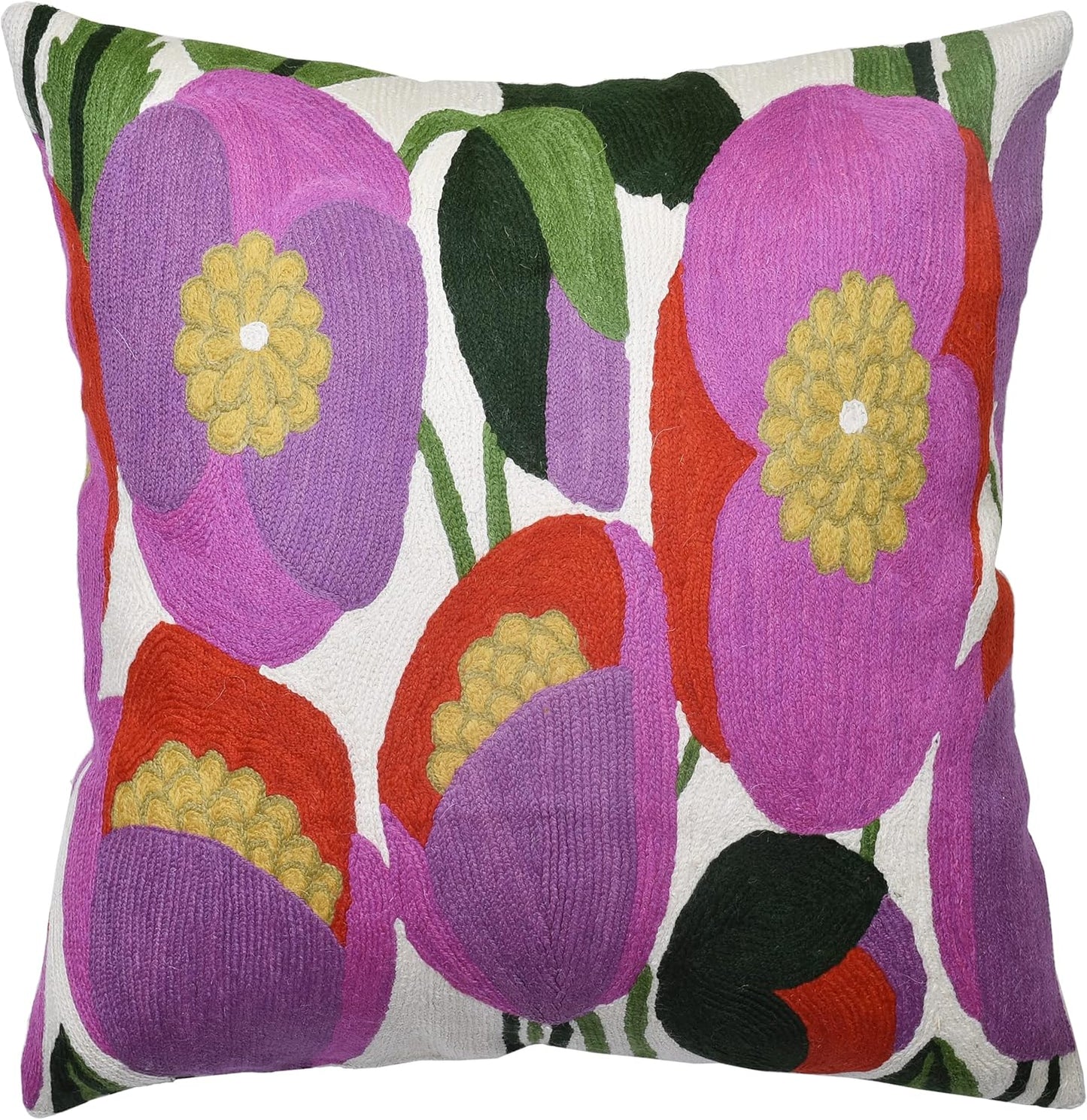 Lily Pink Flower Pillow Cover | Suzani Accent Pillow | Outdoor Floral Pillows | Hand Embroidered Wool Cushion - 18x18