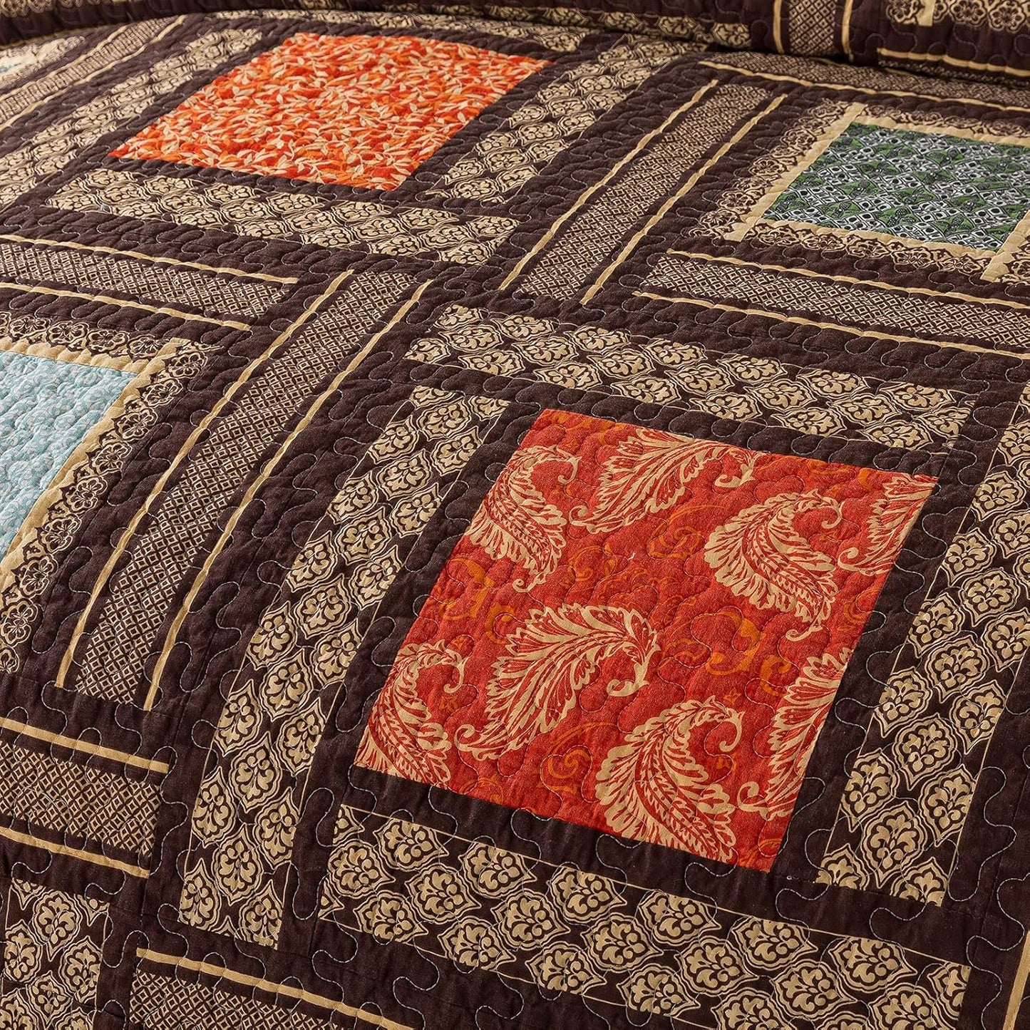 NEWLAKE Cotton Patchwork Bedspread, 3-Piece Bedding Quilt Set with Real Stitched Embroidery, Reversible Matelasse Bed Coverlet Set,Bohemian Farmhouse,King Size