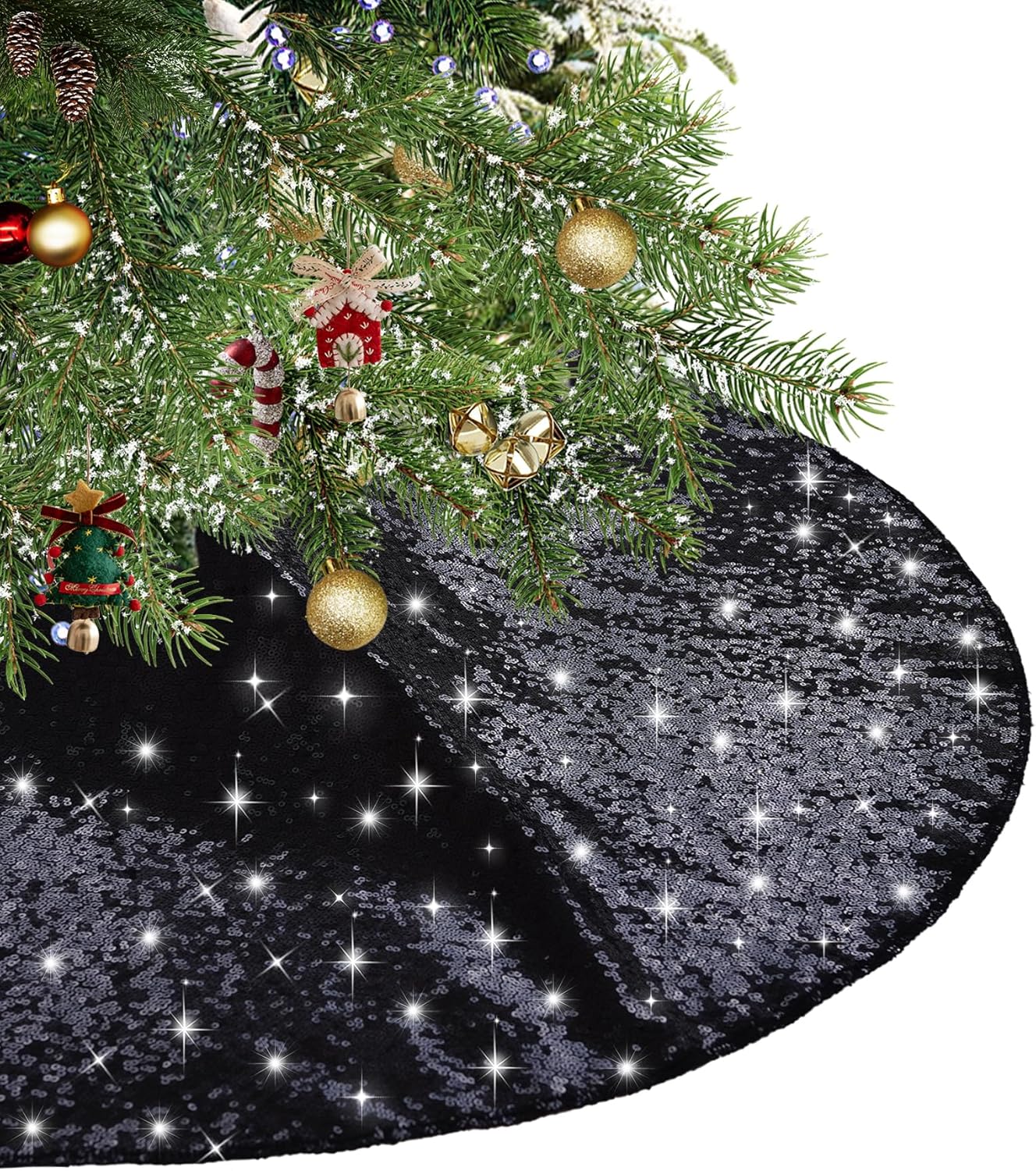 Eternal Beauty Christmas Tree Skirt, 70 Inch Black Halloween Sequin Tree Skirt Small Xmas Tree Skirt for Christmas Tree Decorations