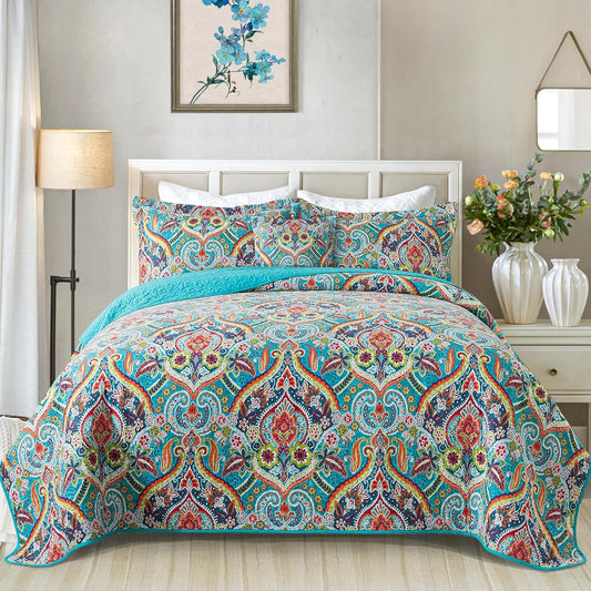 VAPUTAR Quilt Queen Bedding Set - Soft Cotton Quilts with Paisley Floral Pattern - Lightweight Reversible Bedspreads for Farmhouse (3 Pieces, Bright Teal)