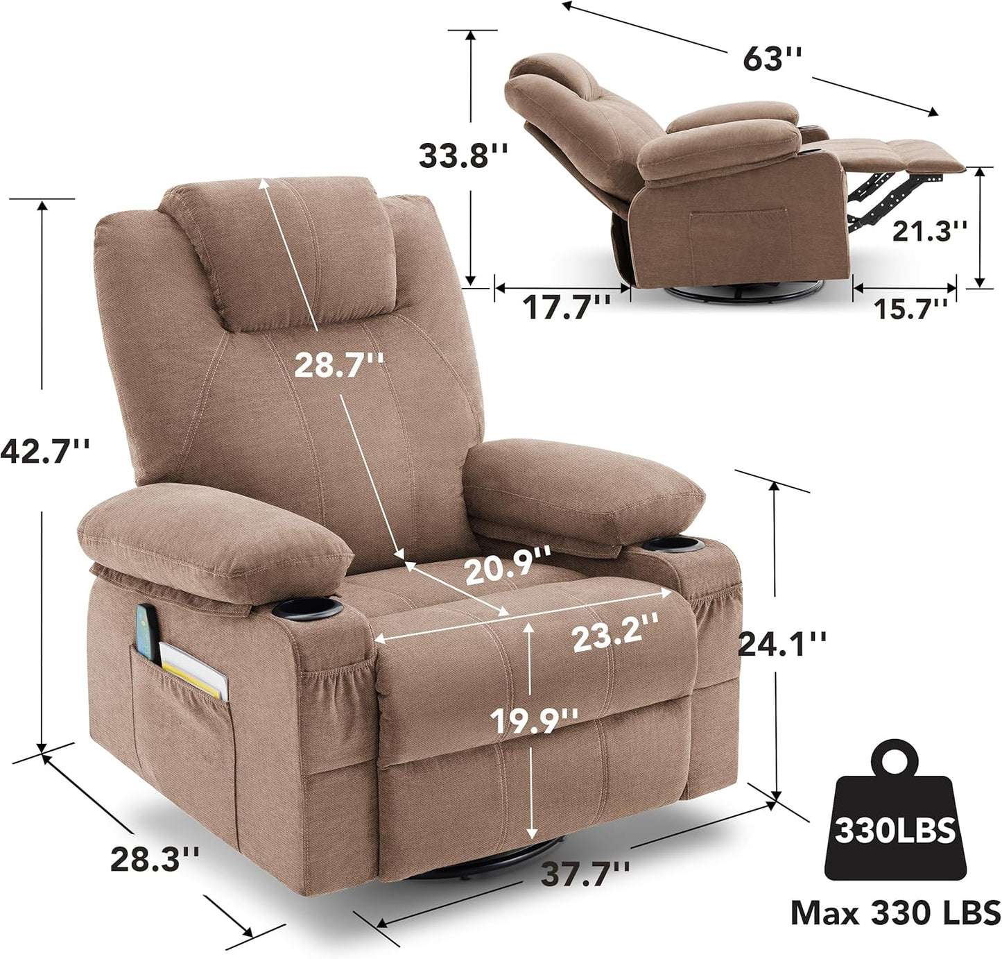 Swivel Rocker Recliner Chair with Heat and Massage, 360 Degree Swivel Rocking Single Sofa with Cup Holders and USB Port, Big Oversized Recliner Chair for Living Room (Fabric, Brown)