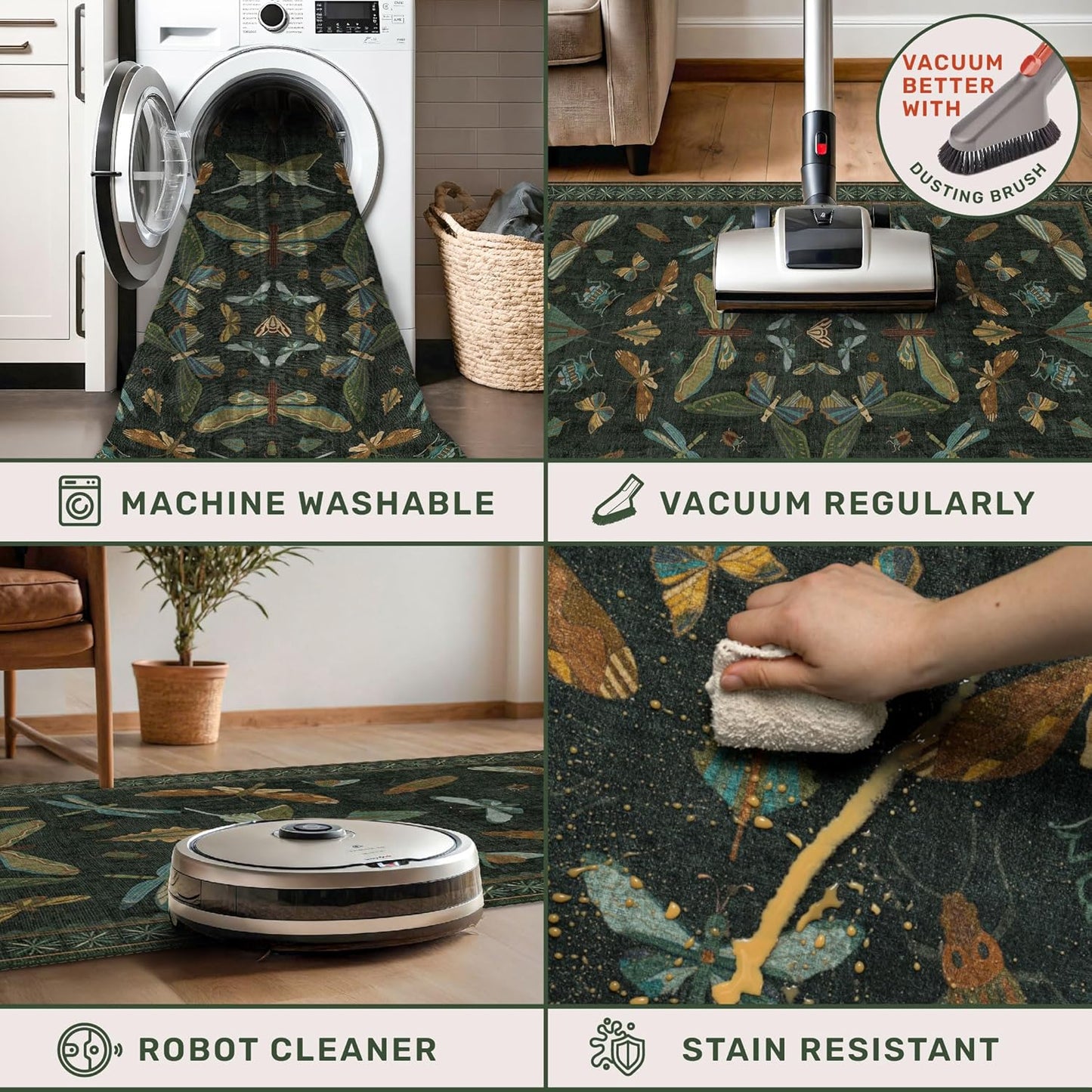 Forest Green Rugs for Living Room - 9x12 Big Rugs for Bedroom, Dining Room, Guest Room, Insect Moth Décor, Non Slip Low Pile