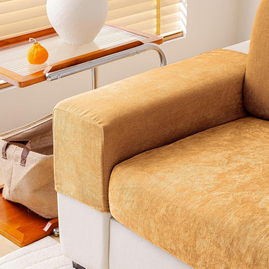 Couch Cushion Covers Individual Large Super Stretch Chenille (Softer Version) Sofa Cushion Covers, Armrest Cover Couch Slipcovers Furniture Protector (2PC, Khaki)