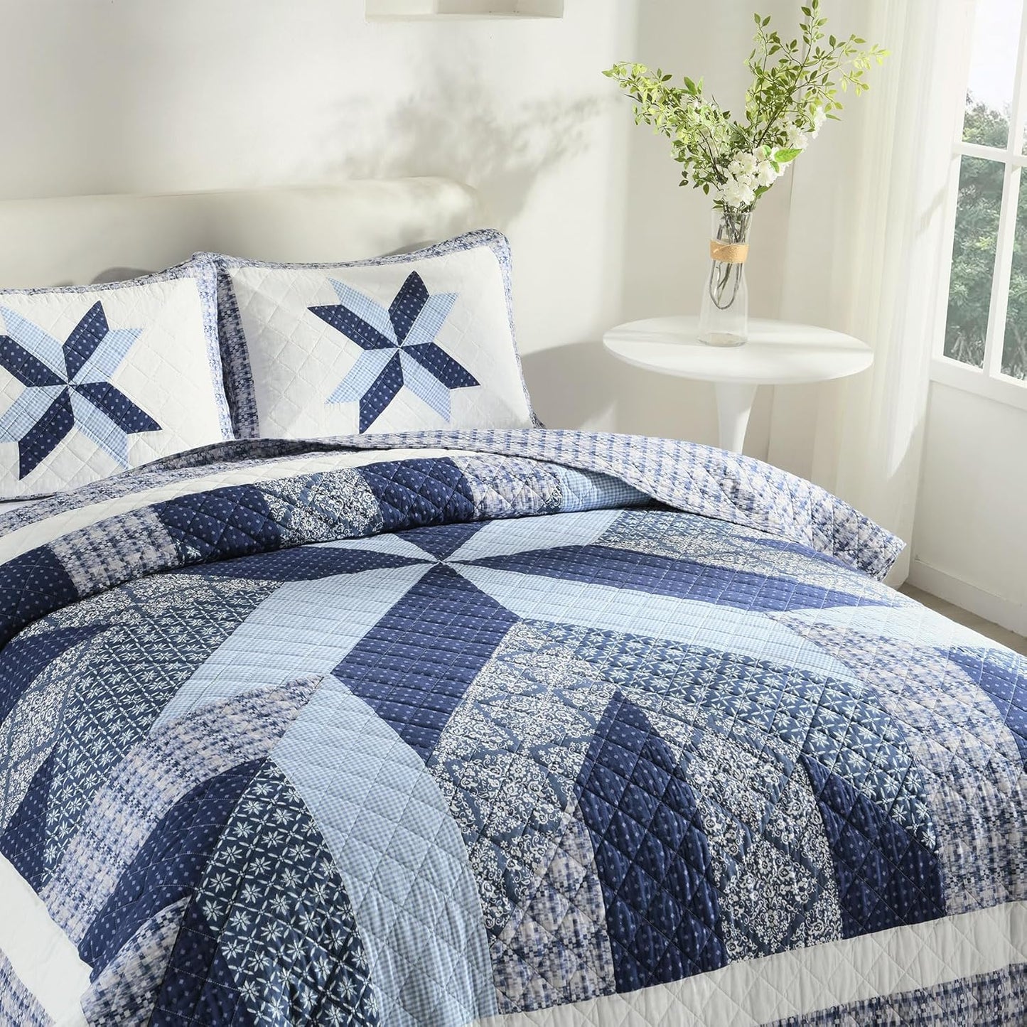 Secgo Handmade Quilted 100% Cotton Queen Comforter Set for Bed - 100% Cotton Quilts Queen Size, Black Bedspreads (90 * 98 Inch) with 2 Pillow Shams, Patchwork Reversible Lightweight Bedding