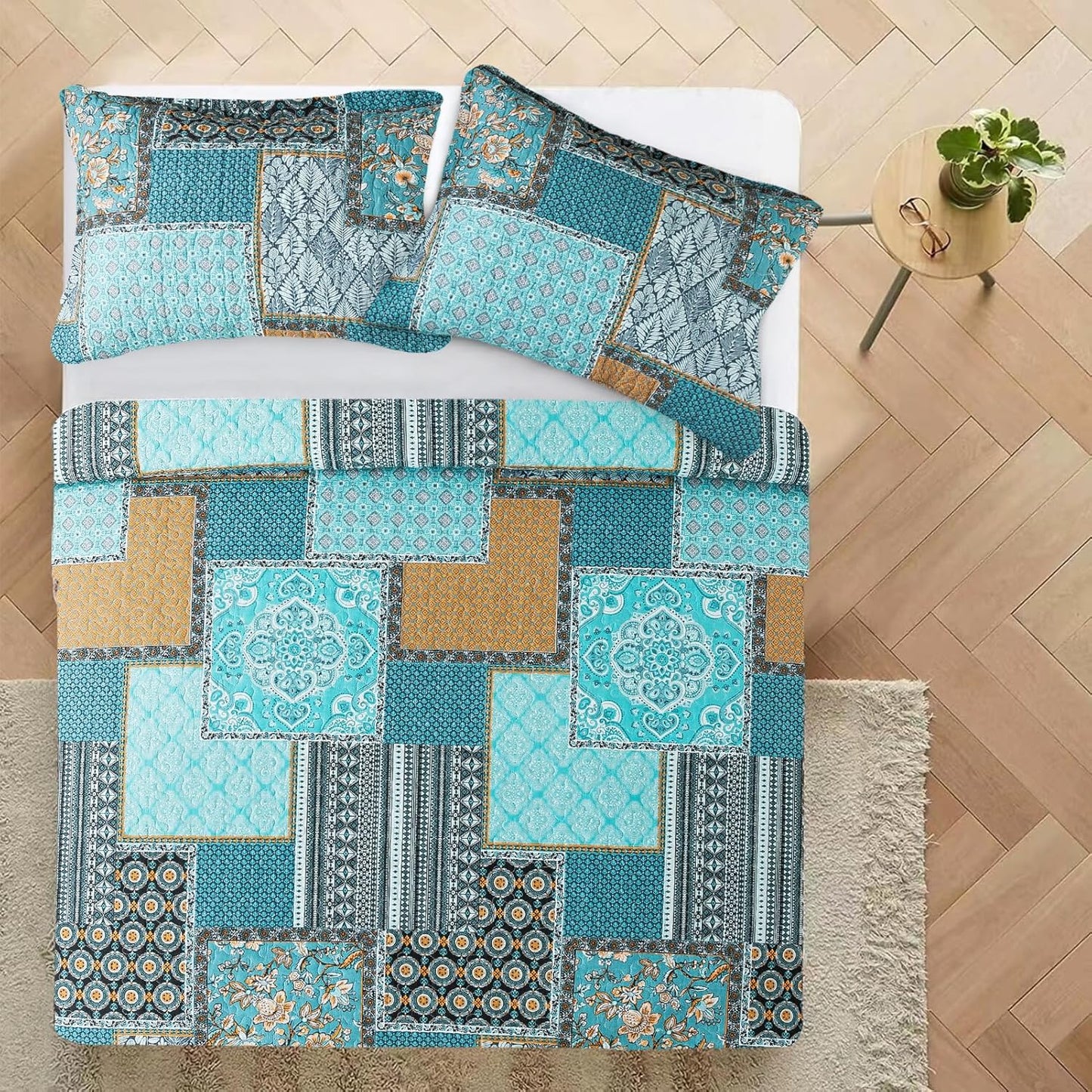 VAPUTAR Cotton Quilt Queen Size Bedding Set - 3 Pieces Queen Quilt Bedding Set, Boho Queen Size Quilts, Lightweight Reversible Coverlets Bedspreads for Farmhouse Bedroom (Teal/Green Chic)