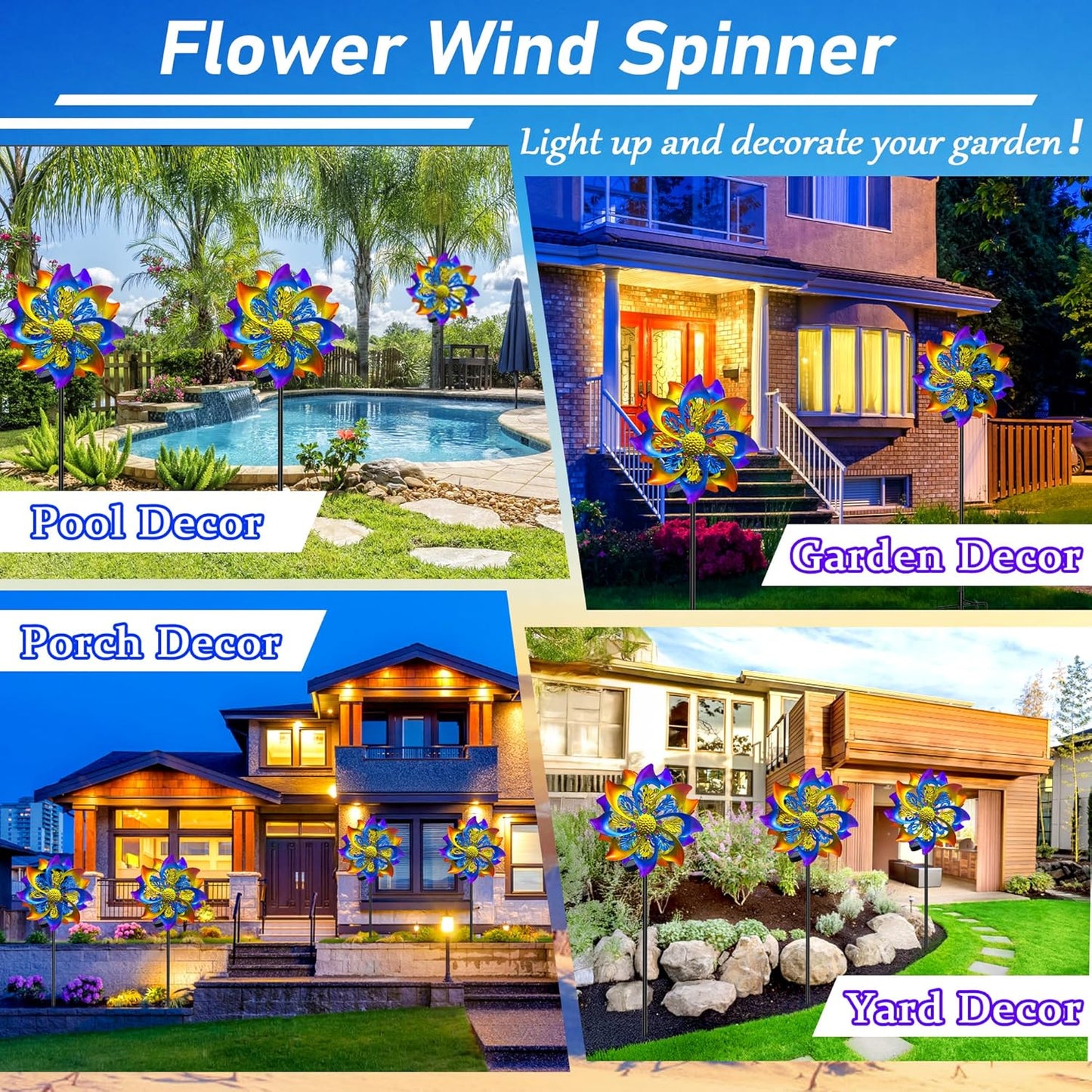 60 Inch Solar Wind Spinner Outdoor - Double-Sided Rotating Colorful Kinetic Wind Spinners for Garden, Yard Decorations Outdoor,Metal Wind Sculptures & Spinners, Wind Art