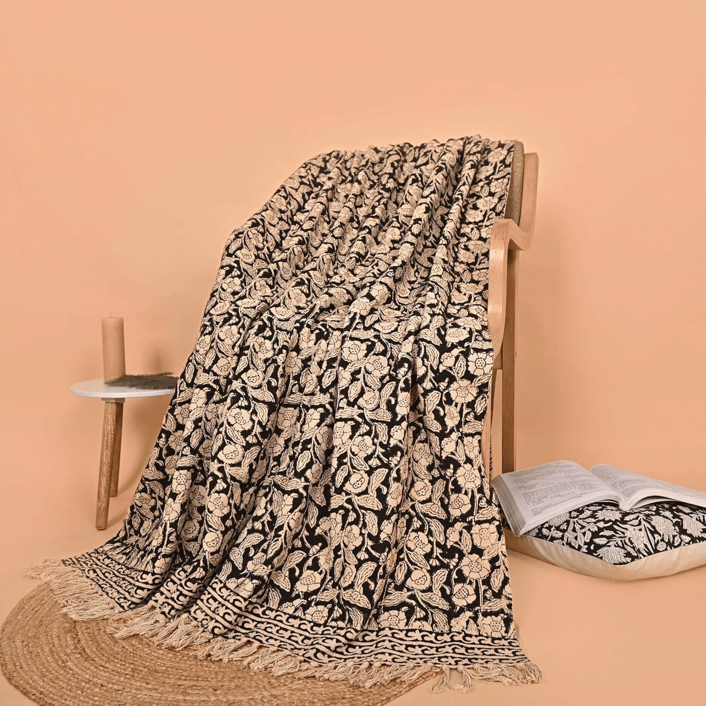 Handmade Cotton Throw Blanket 55x80 Inches | Black & Beige Floral Block Print Decorative Sofa Throw with Tassels | Large Lightweight Cotton Bedspread for Living Room, Couch, or Bedroom