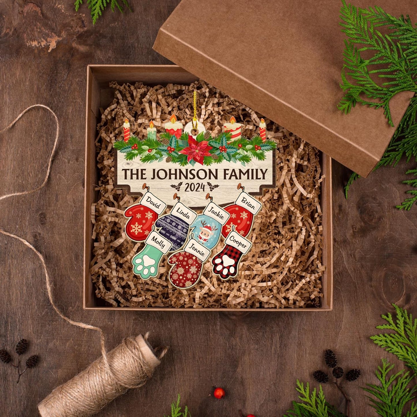 Family with Pet Ver 2 - Personalized Custom Wood Ornament, Family Gloves Christmas Ornament 2024, Xmas Ornament Gifts for Family Tree Decoration (A06, 3 Names)