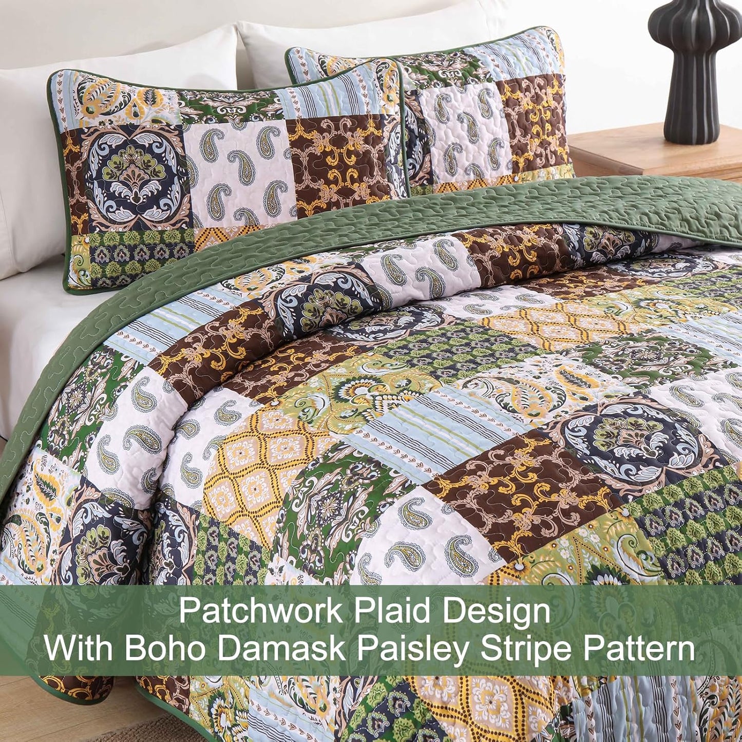 WONGS BEDDING Boho Quilt Set Queen Size, Plaid Patchwork Bedspread Bedding Set Soft Microfiber Quilt for Queen Bed Reversible 3 Pieces Coverlet Set for All Season (Brown Olive 96"x90")