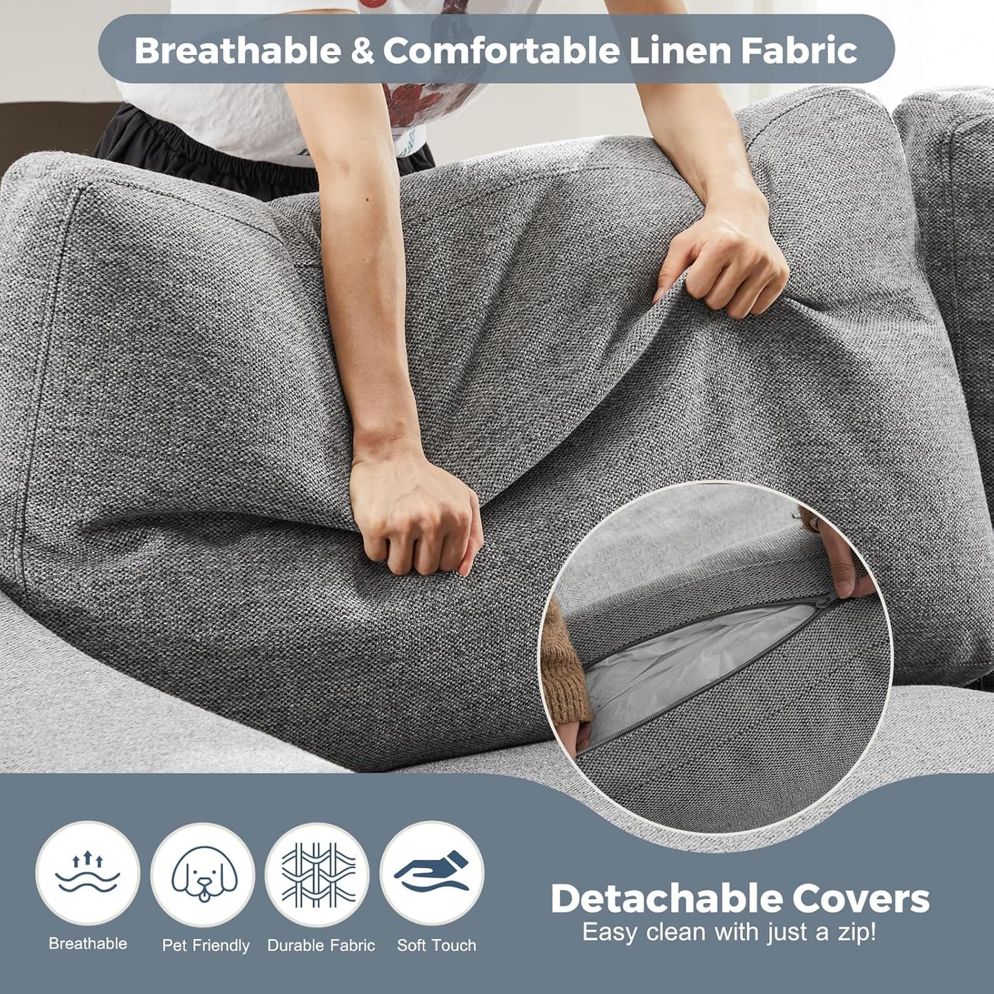 112" Convertible Sectional Sofa, Large L Shaped Couch with Detachable Sofa Cover, Modular Couch for Living Room, Breathable Linen Fabric Corner Sofa for Apartment, Grey