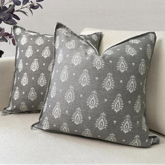 Floral Throw Pillow Covers 20x20 Set of 2, Dark Grey Decorative Pillow Covers Neutral Faux Linen Cotton Blend, Vintage Look for Couch, Sofa, Bed, Living Room