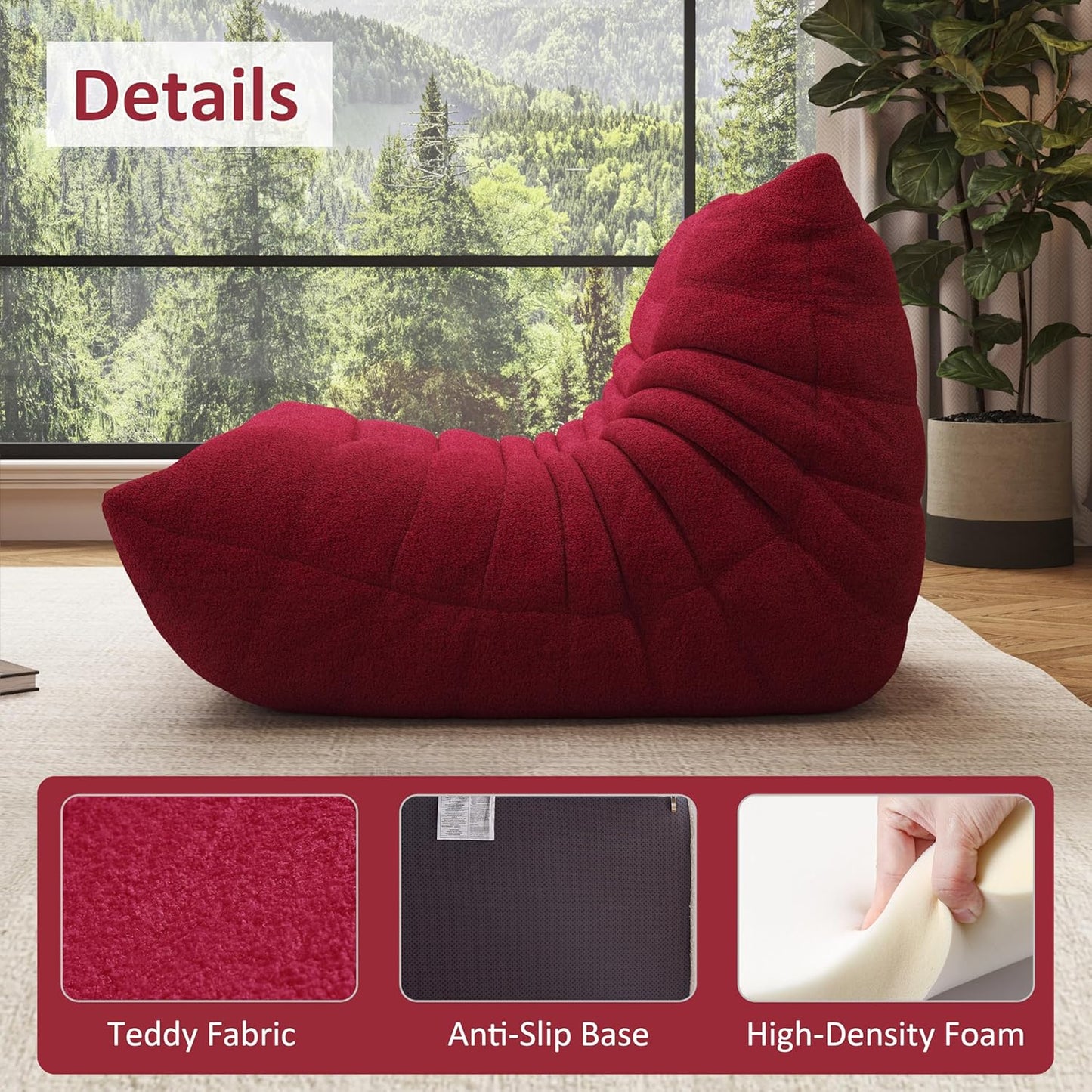 Bean Bag Chair, Oversized Bean Bag Chair for Living Room, Fireside Chair for Adults with Memory Foam Filled, Big Accent Sofa Lounge Floor Sofa for Gaming, Reading, No Assembly Required. (Burgundy)