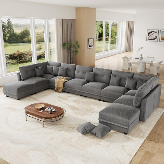 LLappuil Large Modular Sectional Sofa with Storage Seats, Corduroy U-Shaped Convertible Couch for Living Room, 10-Seat Grey Sofa Set with 10 Back Cushions & 10 Throw Pillows