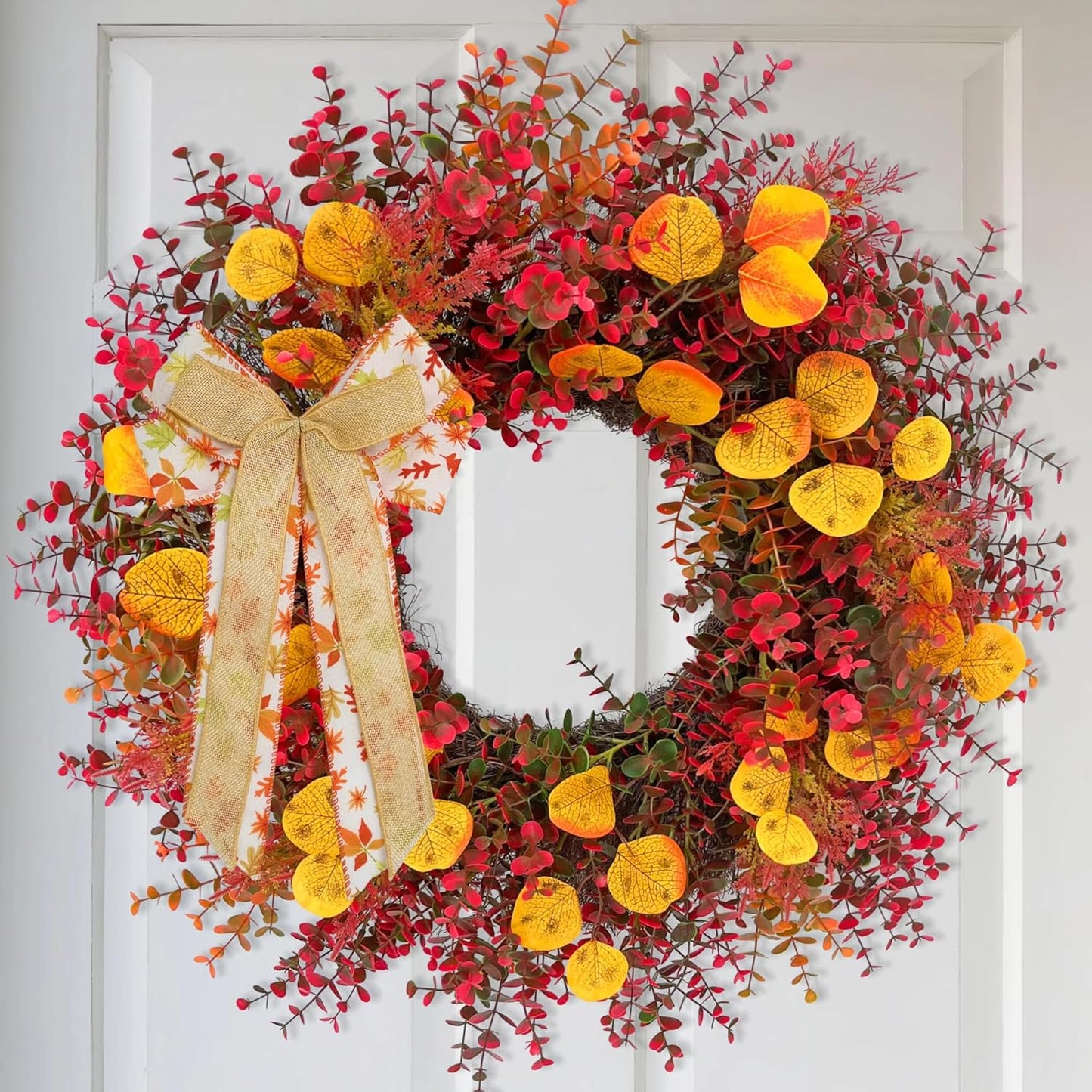CYANBLOOM Fall Front Door Wreath: 24 Inch Large Burgundy Boxwood Eucalyptus Wreaths with Maple Bow for Rustic Farmhouse Decor - Weatherproof Outdoor Indoor All Season - Thanksgiving Halloween Decor