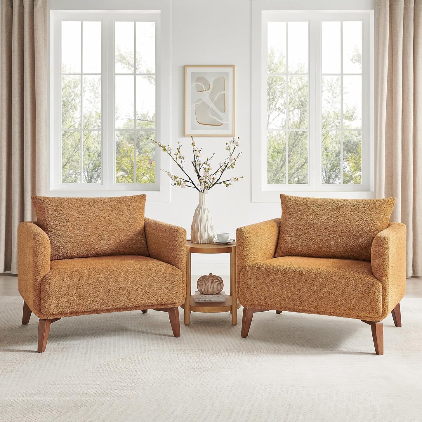 Oversized Accent Chair Modern Boucle Armchair for Living Room Sets of 2 - 37" Wide & Cozy Reading Accent Chair with Solid Wood Legs, Curry Upholstered Lounge Chair for Bedroom & Office (Easy Assembly)