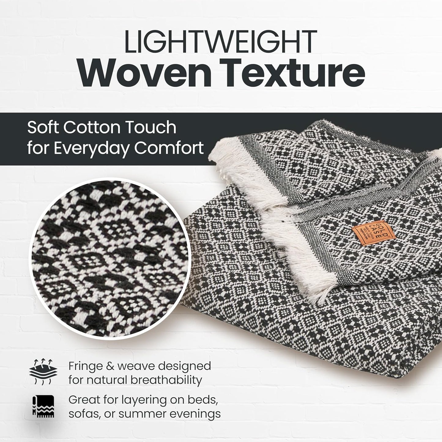 Gold Case Throw Blanket for Couch – 100% Recycled Turkish Cotton Blankets & Throws – Elegant Decorative Throw Blankets for Living Room Sofa – Woven Throws for Couch – Retro Black – 50x60