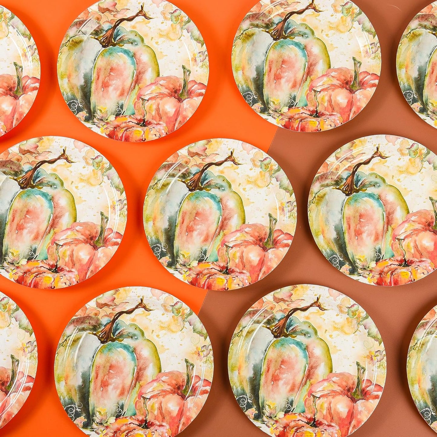 Fall Dessert Plates Thanksgiving Pumpkin Paper Plates 7" Autumn Watercolor Pumpkins Party Plates Harvest Teal and Orange Pumpkins Disposable Decorative Dessert Plates (48)