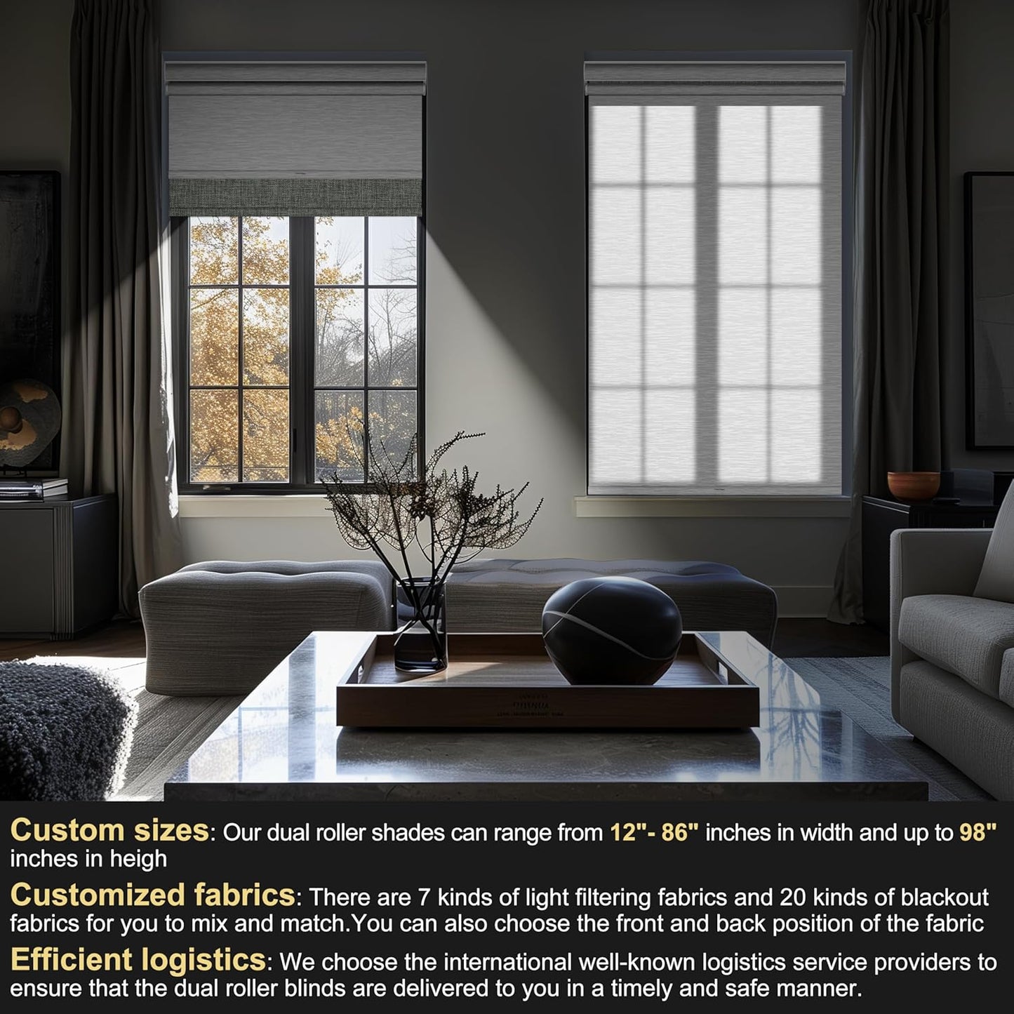 BERISSA Cordless Dual Roller Shades with Cassette Valance,Double Window Shades Blackout and Light Filtering Shades,Day and Night Roller Shades for Home Office Door.Linen Grey and White.33 W x 64" H