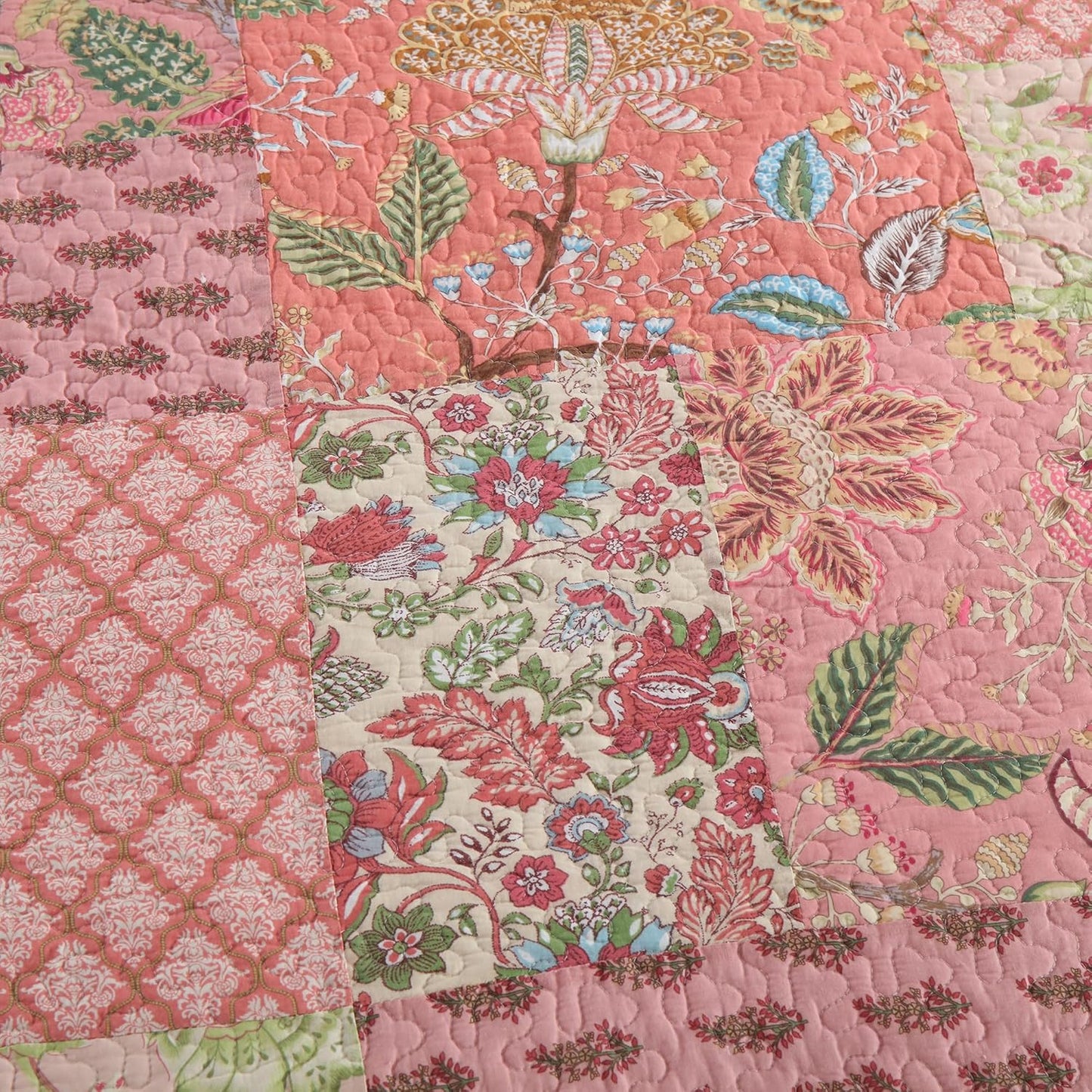 NEWLAKE Cotton Patchwork Bedspread, 3-Piece Bedding Quilt Set with Real Stitched Embroidery, Reversible Matelasse Bed Coverlet Set,Bohemian Floral, Queen Size