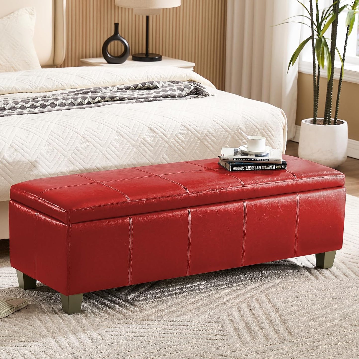 51" Faux Leather Storage Ottoman, Stitch Tufted Rectangle Upholstered End of Bed Storage Bench, Entryway Large Couch Ottoman with Wooden Legs,Red