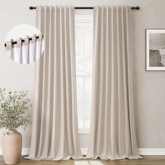 BOODII Oatmeal Room Darkening Curtains 96 Inch Long for Living Room Back Tab Blackout Curtains Neutral Aesthetic Linen Textured Thermal Insulated Black Out Curtain Light Blocking Warm Taupe