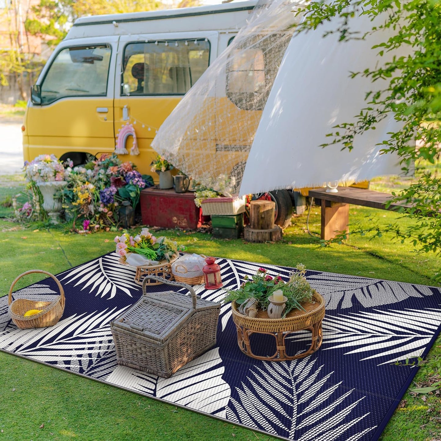 GENIMO Outdoor Rug 4' x 6' Waterproof for Patios Clearance, Reversible Outdoor Plastic Straw Camping Rug Carpet, Large Area Rugs Mats for RV, Camper, Deck, Balcony, Porch, Beach, Navy Blue&White