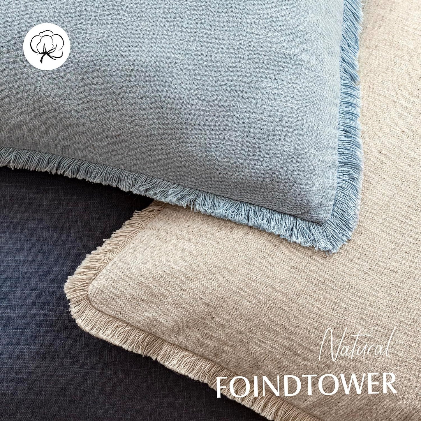 Foindtower Set of 2 Decorative Linen Fringe Throw Pillow Covers Cozy Boho Farmhouse Cushion Cover with Tassels Soft Accent Pillowcase for Couch Sofa Bed Living Room Home Decor,26×26 Inch,Sky Blue