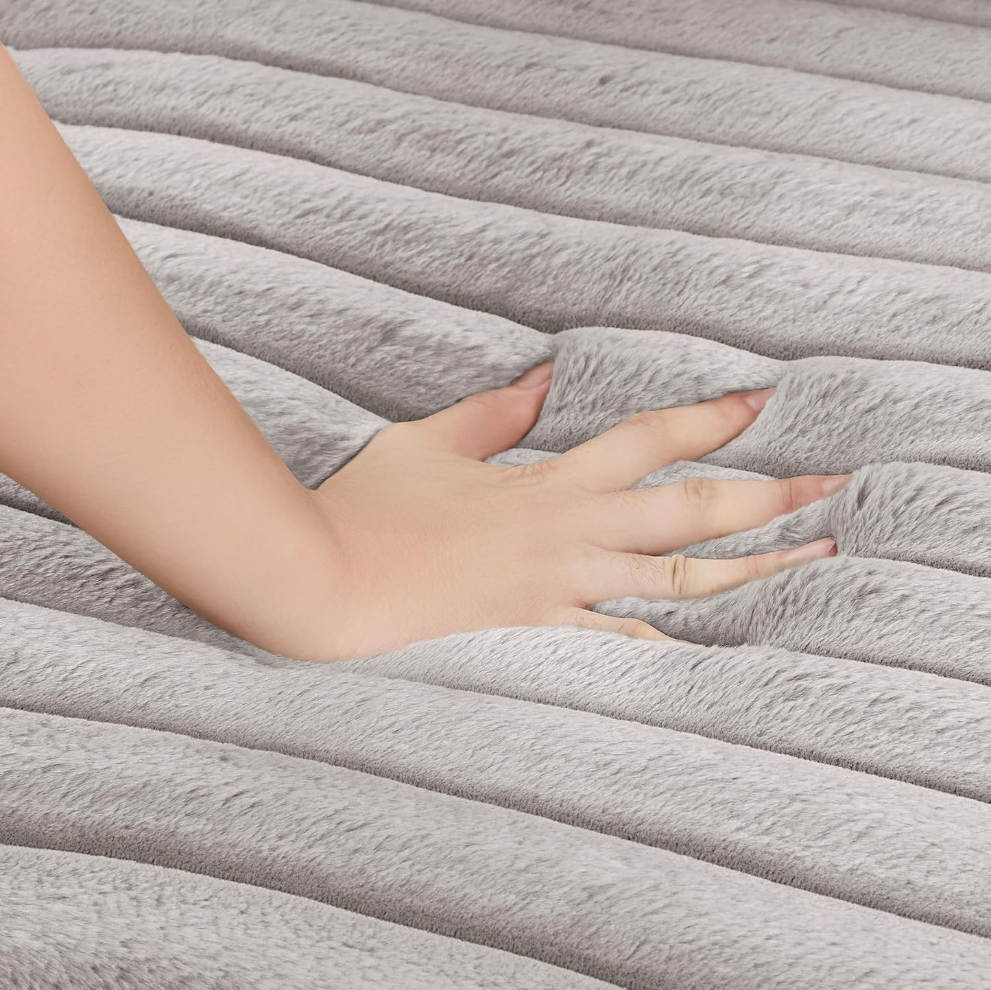 THSUPER 113-Inch Oversized L Shaped Plush Corduroy Fluffy Sectional Sleeper Sofa with Pull Out Bed and Storage Ottoman - Off-White